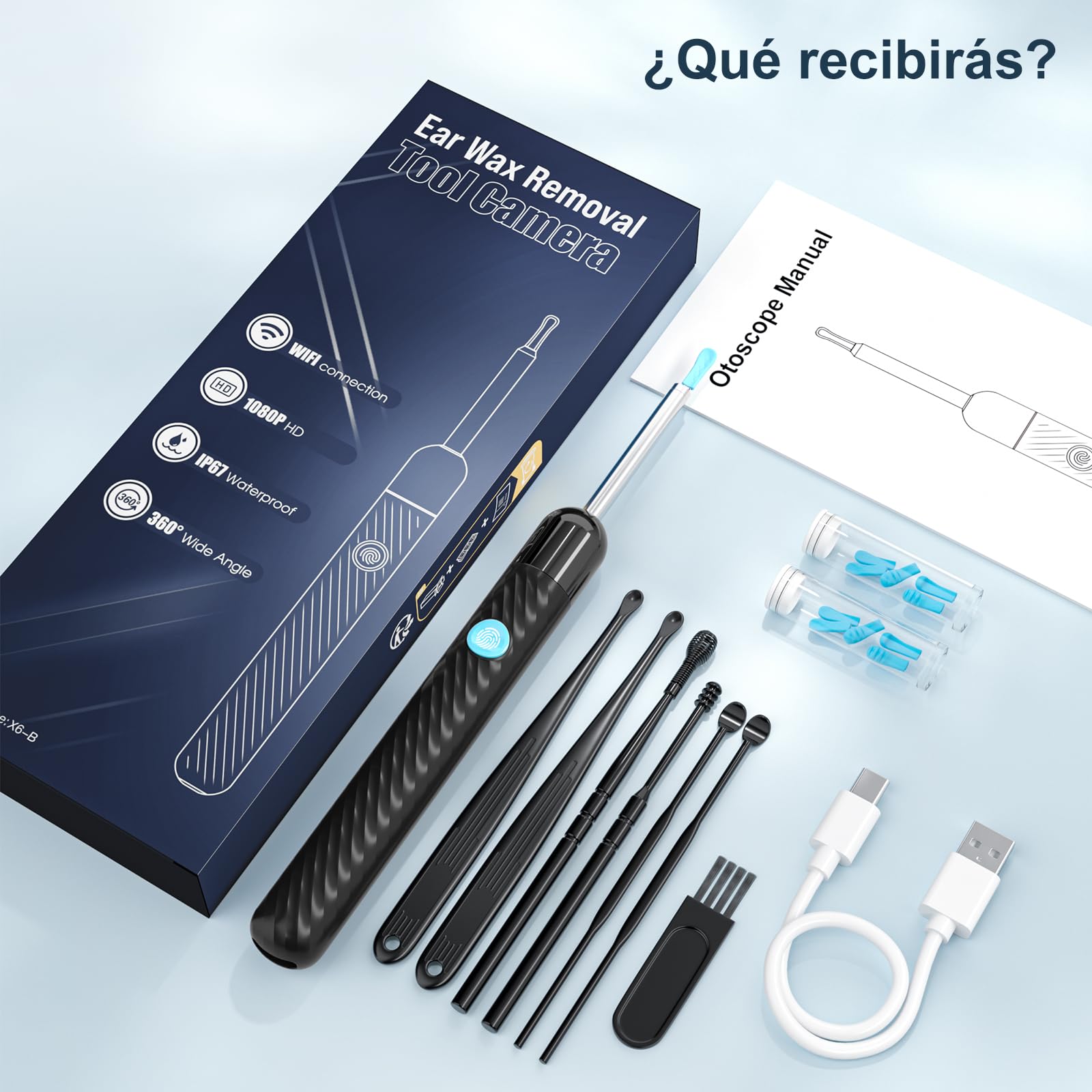 Otoscopio 1080P HD Limpiador de Oídos con Cámara de 6 LED - Limpiador de Oídos Adultos con 11 Fundas de Silicona - Compatible con iOS y Android (Negro Brillante)