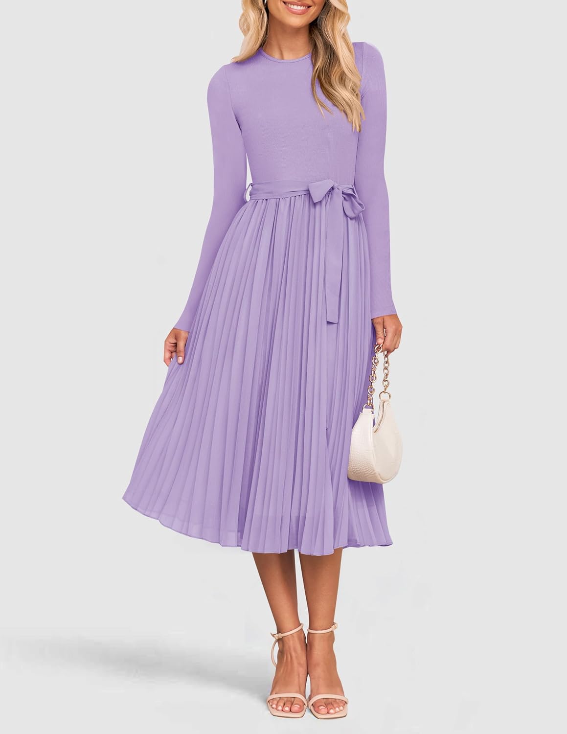 ZESICA Women's Fall Long Sleeve Midi Dress 2025 Casual Crewneck Knit Belted Pleated A Line Flowy Party Dresses - Image 7