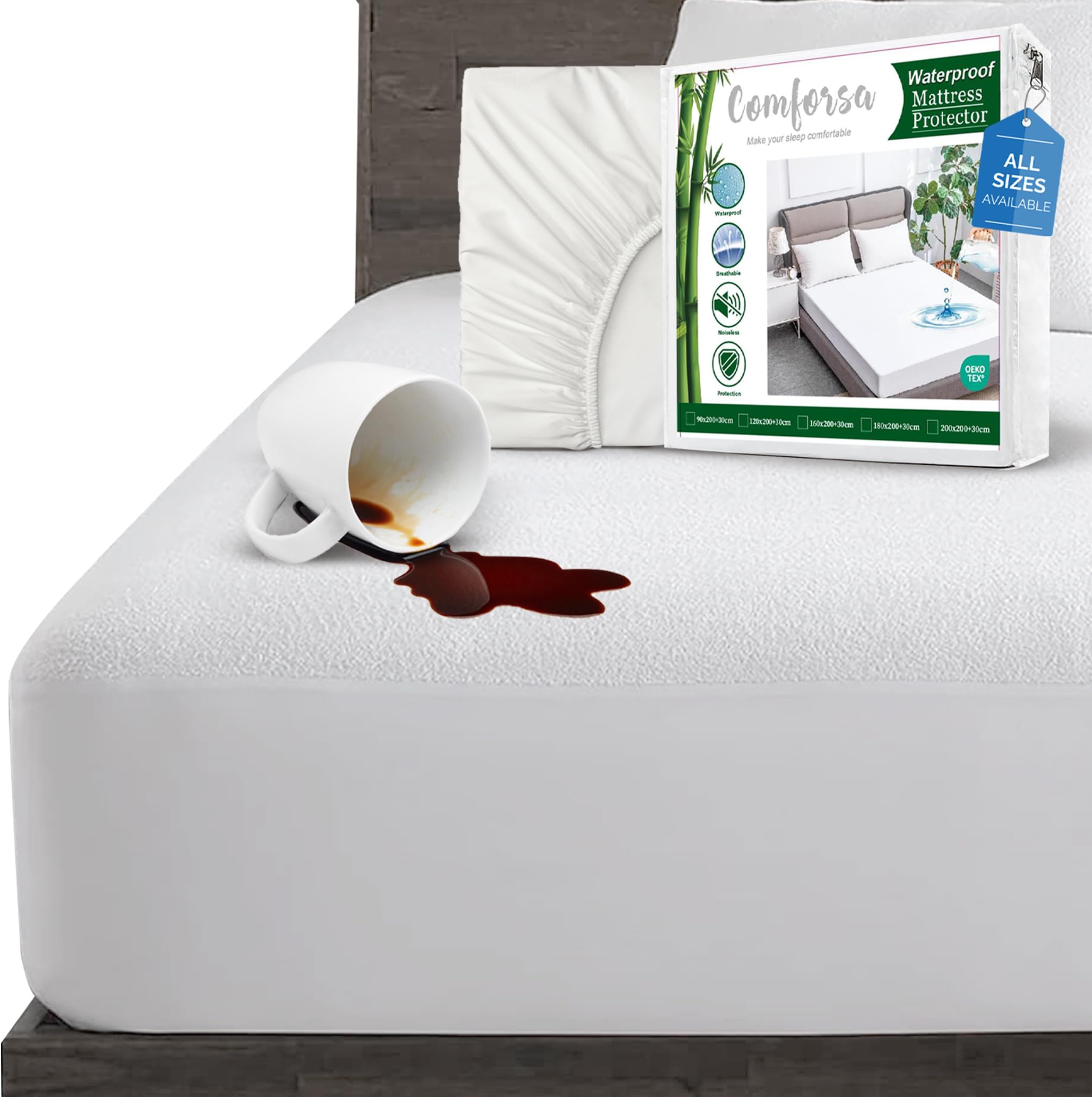100% Waterproof Mattress Protector Twin Size, Fitted with Stretchable Pockets Machine Washable Cotton Premium Terry Mattress Cover 200 GSM, Breathable (Twin (120x200x30)