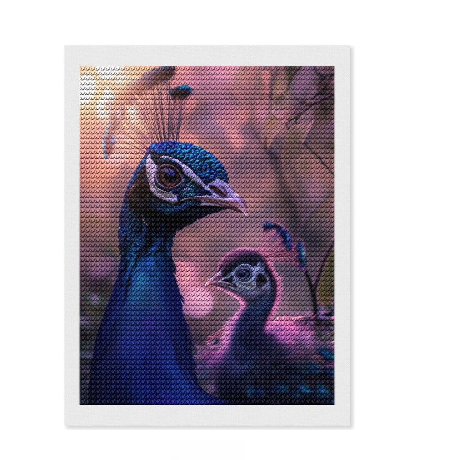 Junmoney Peacock and Chick Diamond Art Canvas 12"x16", for Creative Relaxation, Pleasing Wall Art Project, Aesthetic Room Decor, Christmas Gift