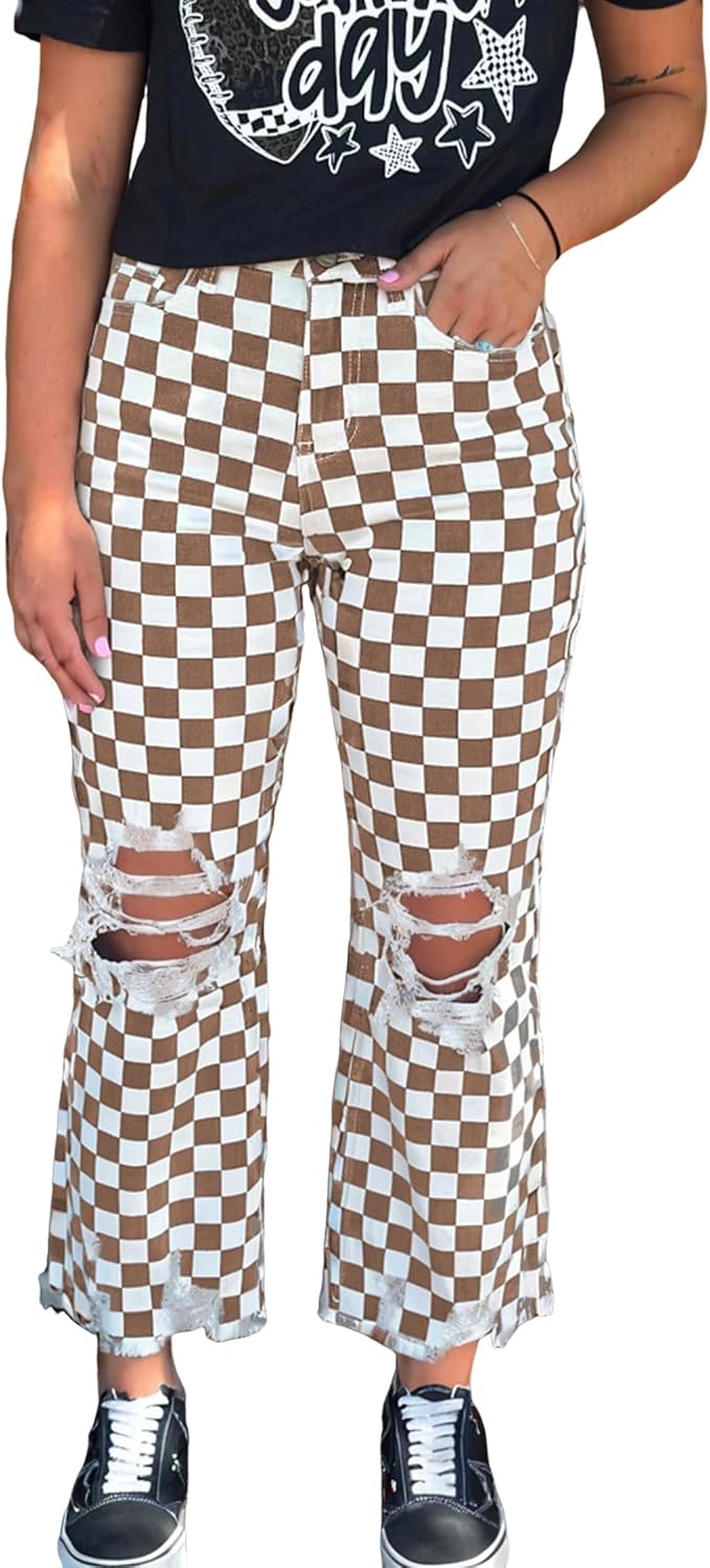 Jeans for Women Checkerboard Distressed Holes Raw Edge Cropped Jeans Straight Leg Denim Pants