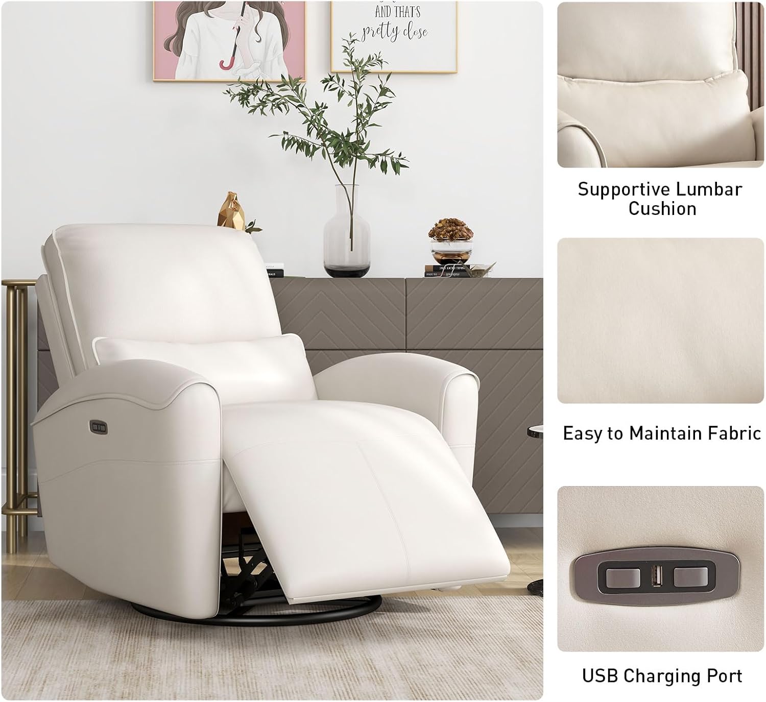 Bonzy Home Power Swivel Rocker Recliner Chair with USB Port, 23.2" Wide Seat, Fixed Lumbar Support, Upholstered Glider Chair for Nursery Living Room, Beige