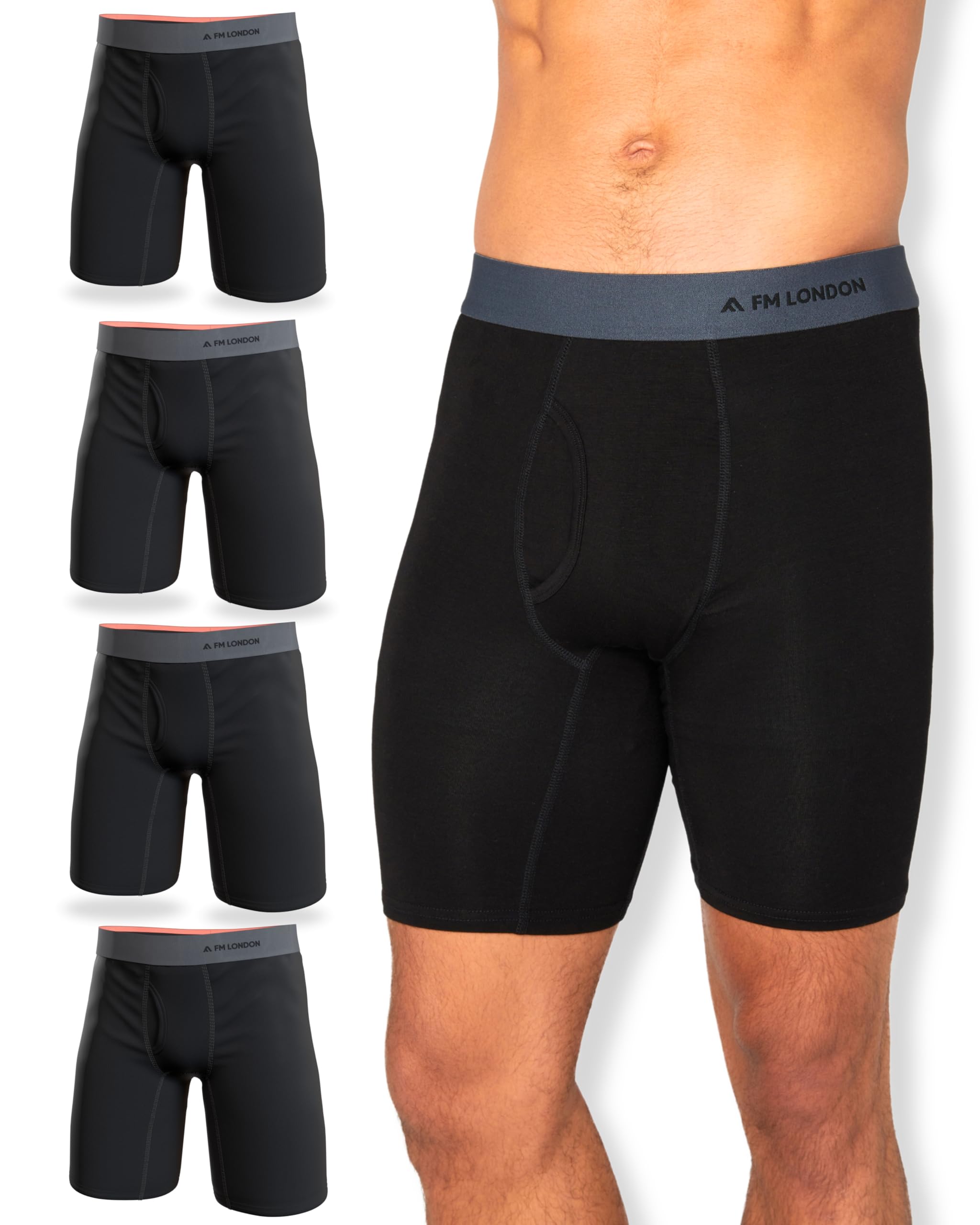 FM London Calzoncillos de Hombre Boxer, Pack de 4 - Boxer Largos para Hombre de Bambú Supersuaves, Transpirables y Antirrozaduras, con Abertura Frontal
