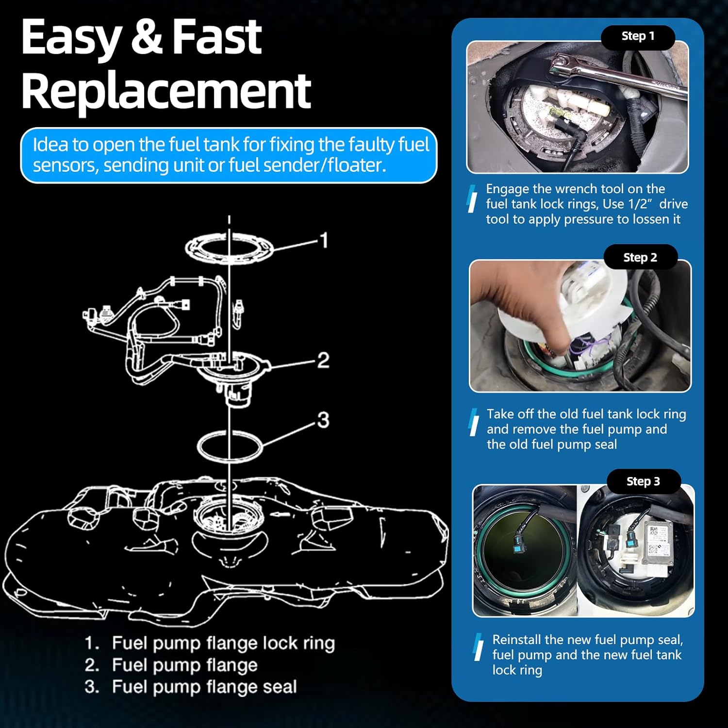 Fuel Pump Tank Seal & Lock Ring Tool Kit Compatible with GM, Chevy, Ford, Chrysler, Dodge, Jeep, and More, – 911-245 Fuel Tank O-ring, LO164 Fuel Tank Lock Ring, 6599 Fuel Tank Lock Ring Wrench Tool