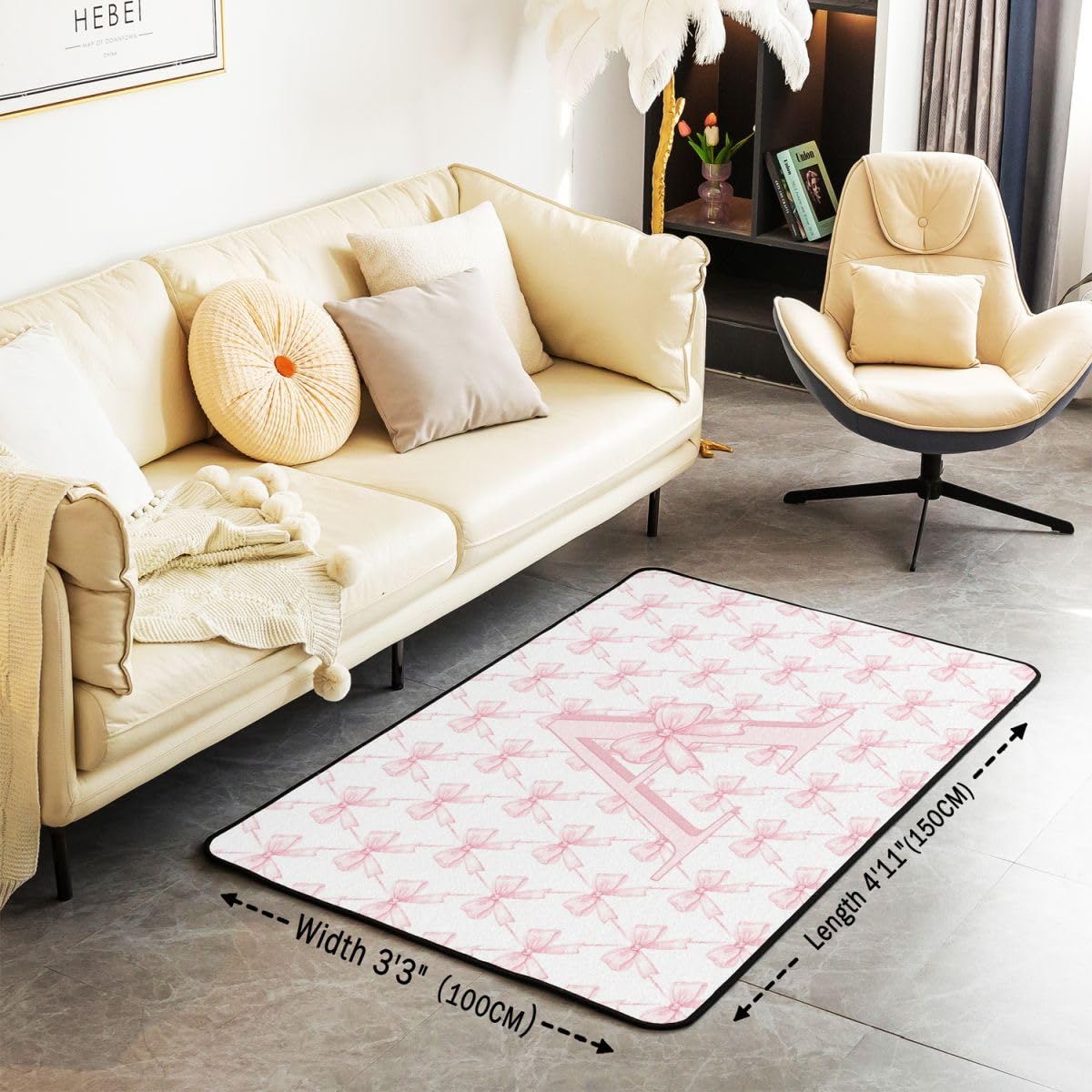 Tapis Salon 100x150cm Rose Noeud Papillon Tapis D Intérieur Letter 'a' Imprimer Antidérapant Doux Lavable Kawaii Princesse Style pour Salon Chambre Salle À Manger Cuisine Rose A