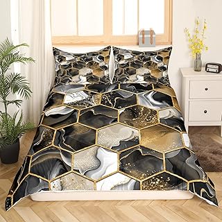 Honeycomb King Size Duvet Cover Boys Girls Brown Marble Bedding Set for Kids Modern Marble Aesthetic Comforter Cover Set Geometrical Gold Brown Black Bedspread Cover Room Decor Bedclothes Zipper