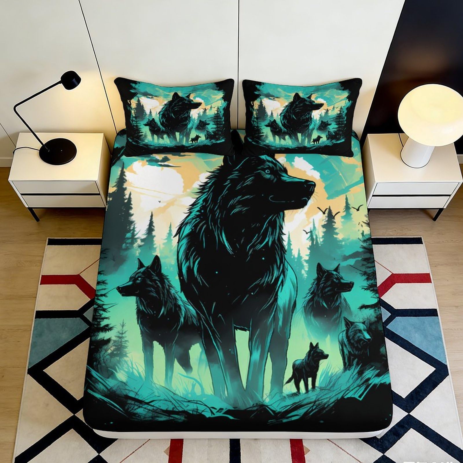 3D Printed Wolf Forest Fitted Sheet Microfiber Soft Green Black Animal Bed Sheet for Bedroom Guestroom Decor 90x200x25cm