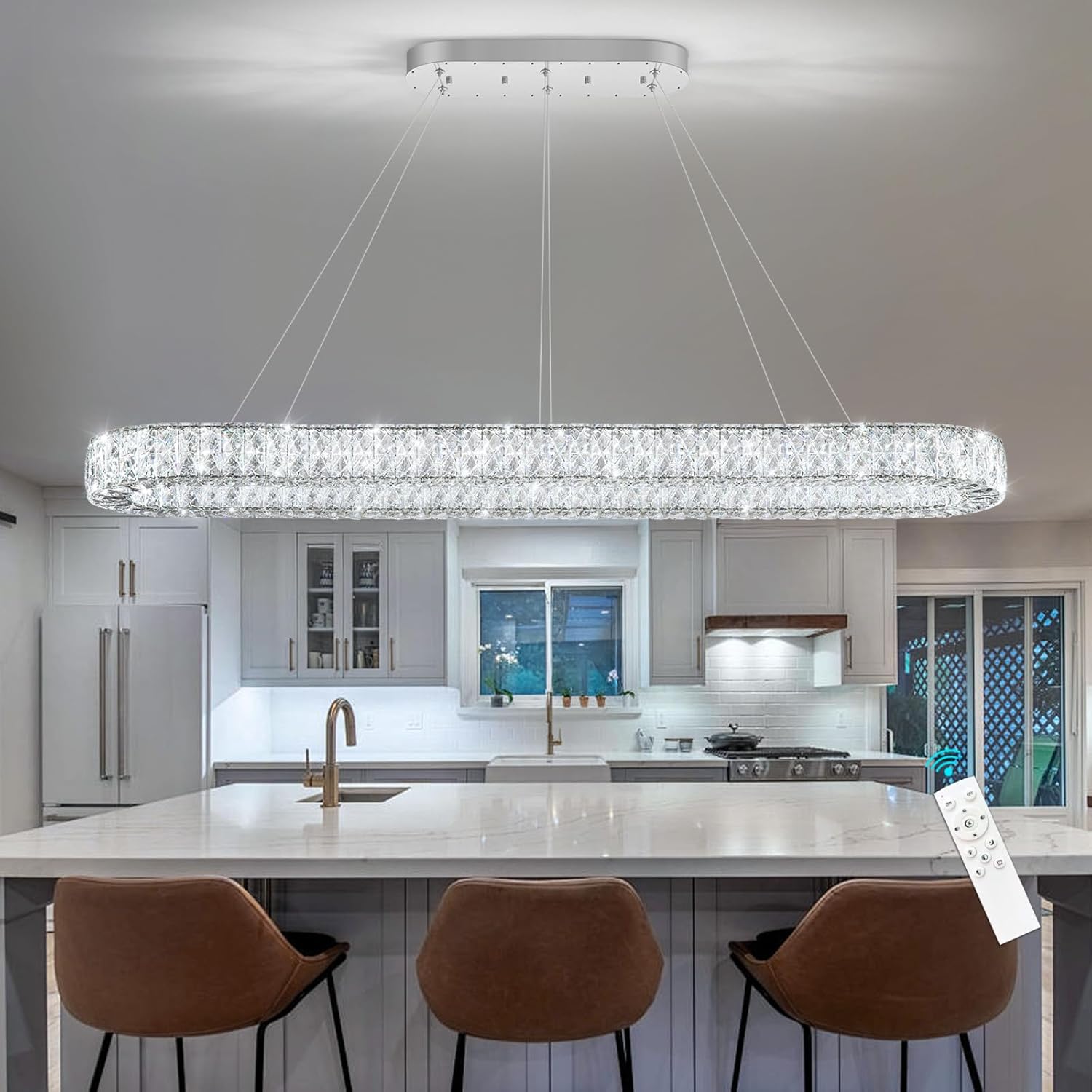 Modern Oval Crystal Chandelier for Dining Room Rectangular Ceiling Light Fixture Dimmable LED Chandeleirs for Living Room Kitchen Island Silver