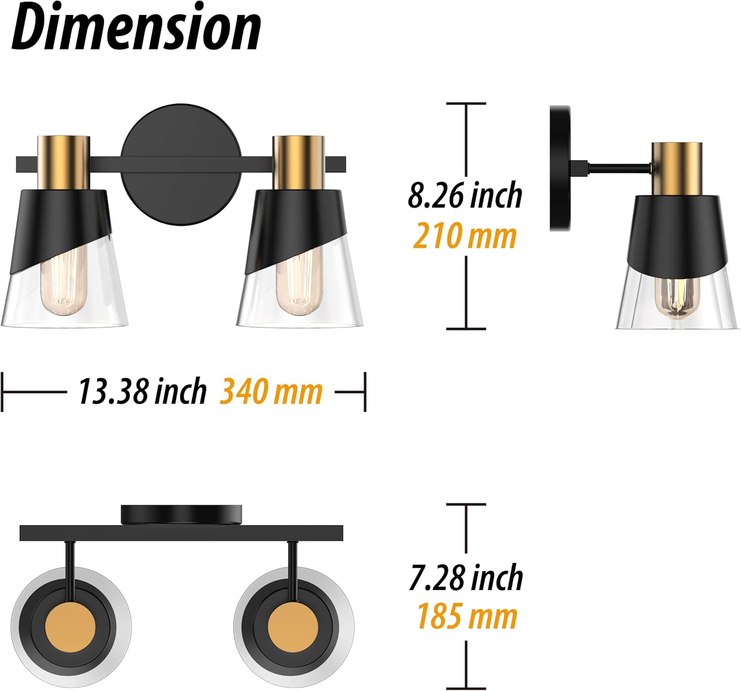 URSOLA Bathroom Lighting Fixtures Over Mirror, 2 Lights Bathroom Vanity Light, 13 inchBathroom Light Fixtures, Black and Gold Design with Bevelled Edge and Clear Glass Shade Wall Lamp