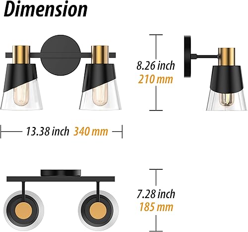 Miniatura 2 de URSOLA Accesorios de iluminación de baño sobre el espejo, 2 luces, luz de tocador de baño, 13 pulgadas, diseño negro y dorado con borde biselado y