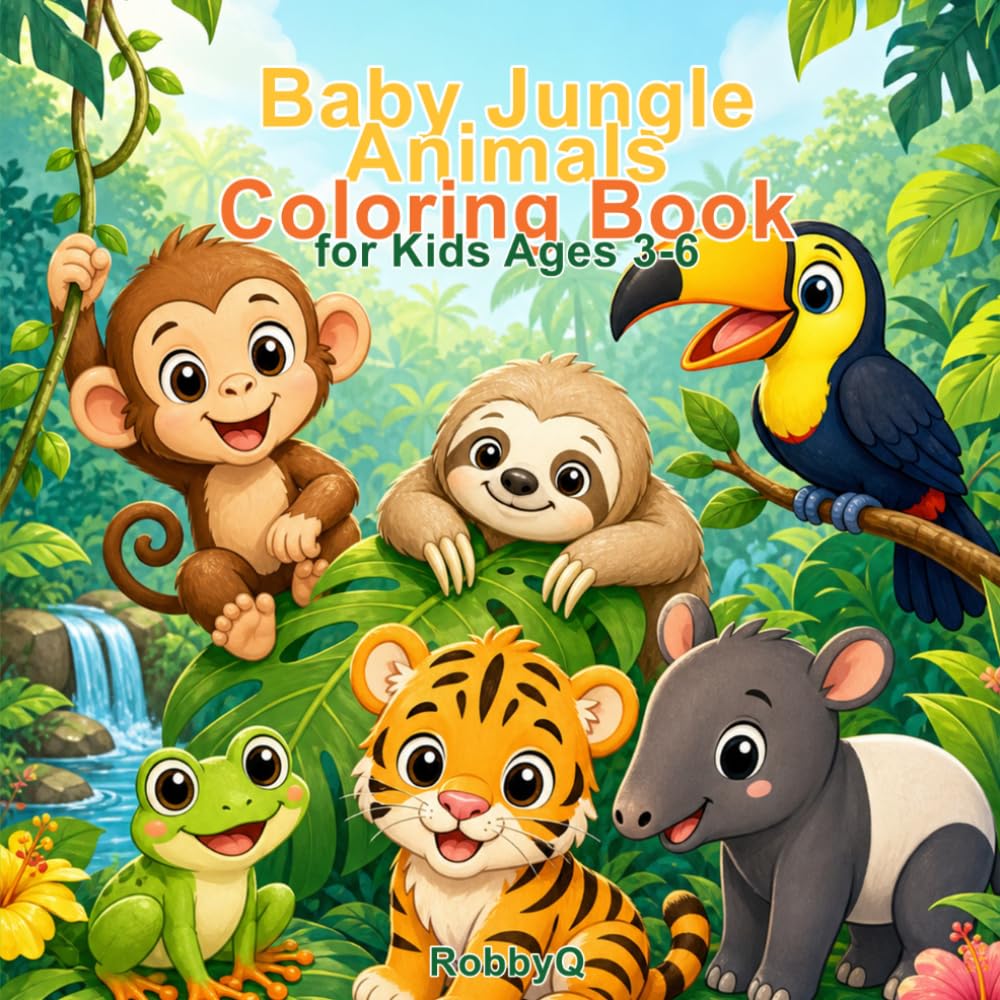 Baby Jungle Animals Coloring Book: Cute Monkeys, Sloths, Toucans, Tiger Cubs and Rainforest Animals for Kids Ages 3-6 (Baby Animals Coloring Books)