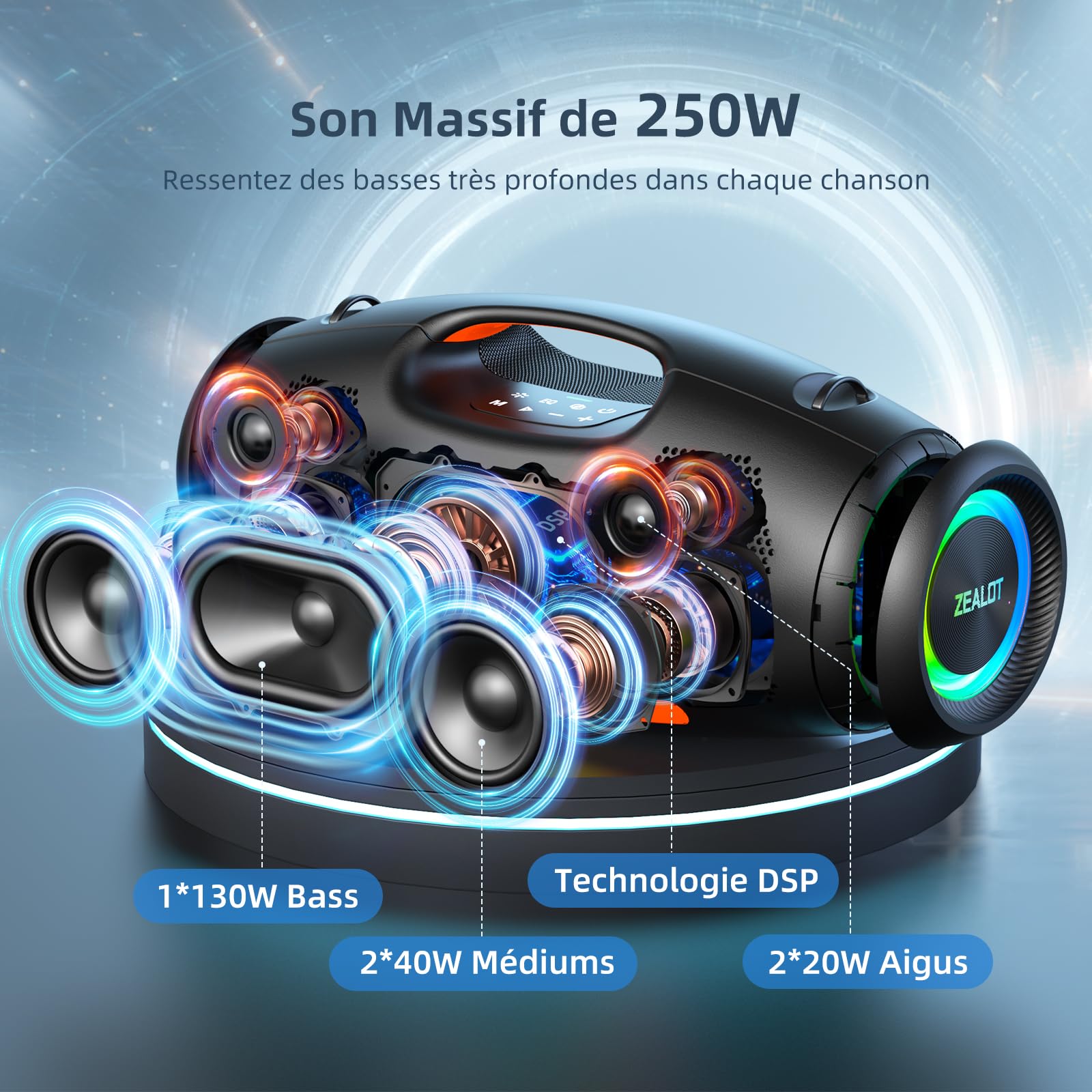 ZEALOT Cassa Bluetooth 250W, Altoparlante Portatile con Subwoofer,Boombox con bassi potenti,Impermeabile IPX6,EQ,Luce LED,48000 mAh,per Feste all'aperto,Piscina,Spiaggia