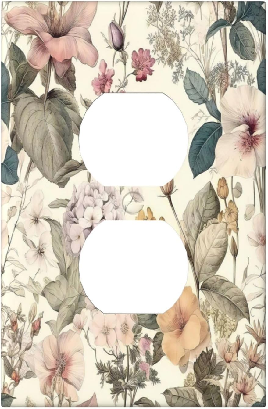 Boho Floral 1 Gang Outlet Covers Duplex Receptacle WallPlate Decorative Green Pink Spring Summer Flower Tropical Leaves Plant Electrical Faceplate Switchplates Cute Fun Botanical Vintage Bedroom Decor