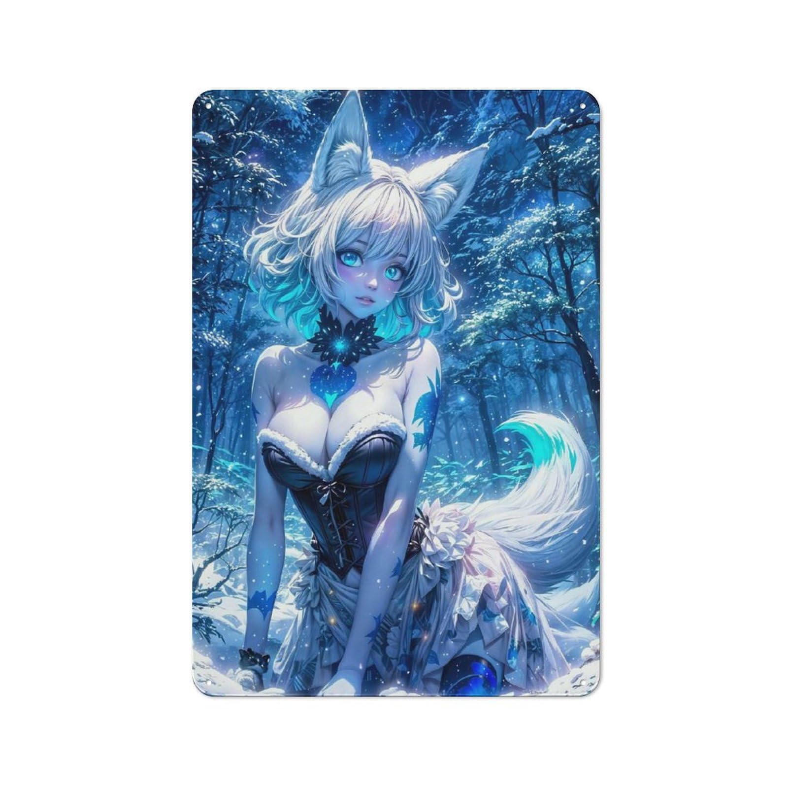 Junmoney Girls Style-18 Anime Fox In Winter Forest Vintage Metal Sign 30X20cm For Lounge Or Reading Corner, For A Room Refresh Centred On Metal Wall Decor