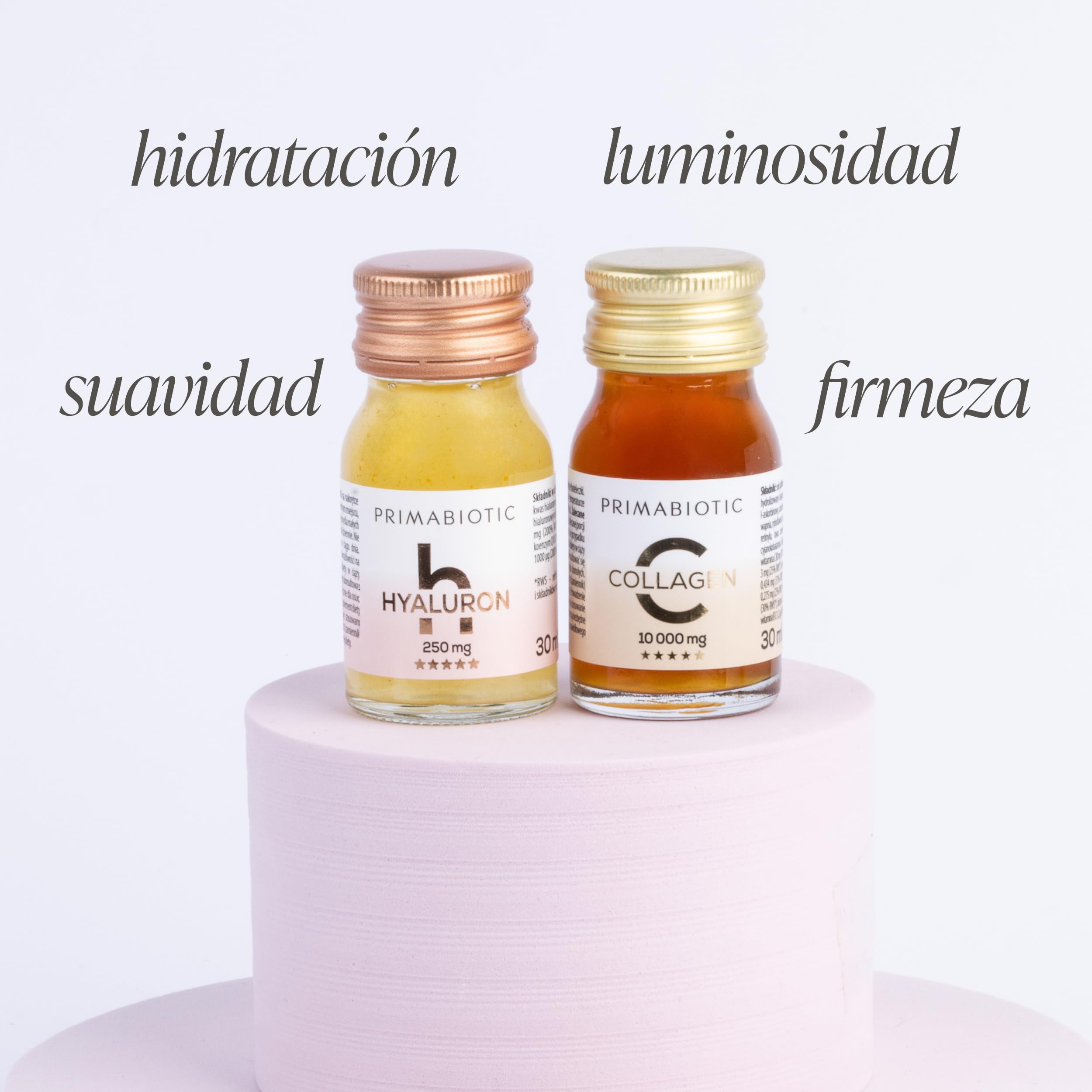 Colágeno + Ácido Hialurónico Bebible – Primabiotic Duo Pack | 60 botellitas de 30 ml | Colágeno 10000 mg + Ácido Hialurónico 250 mg | Complementos Líquidos para una Piel Hidratada y Radiante