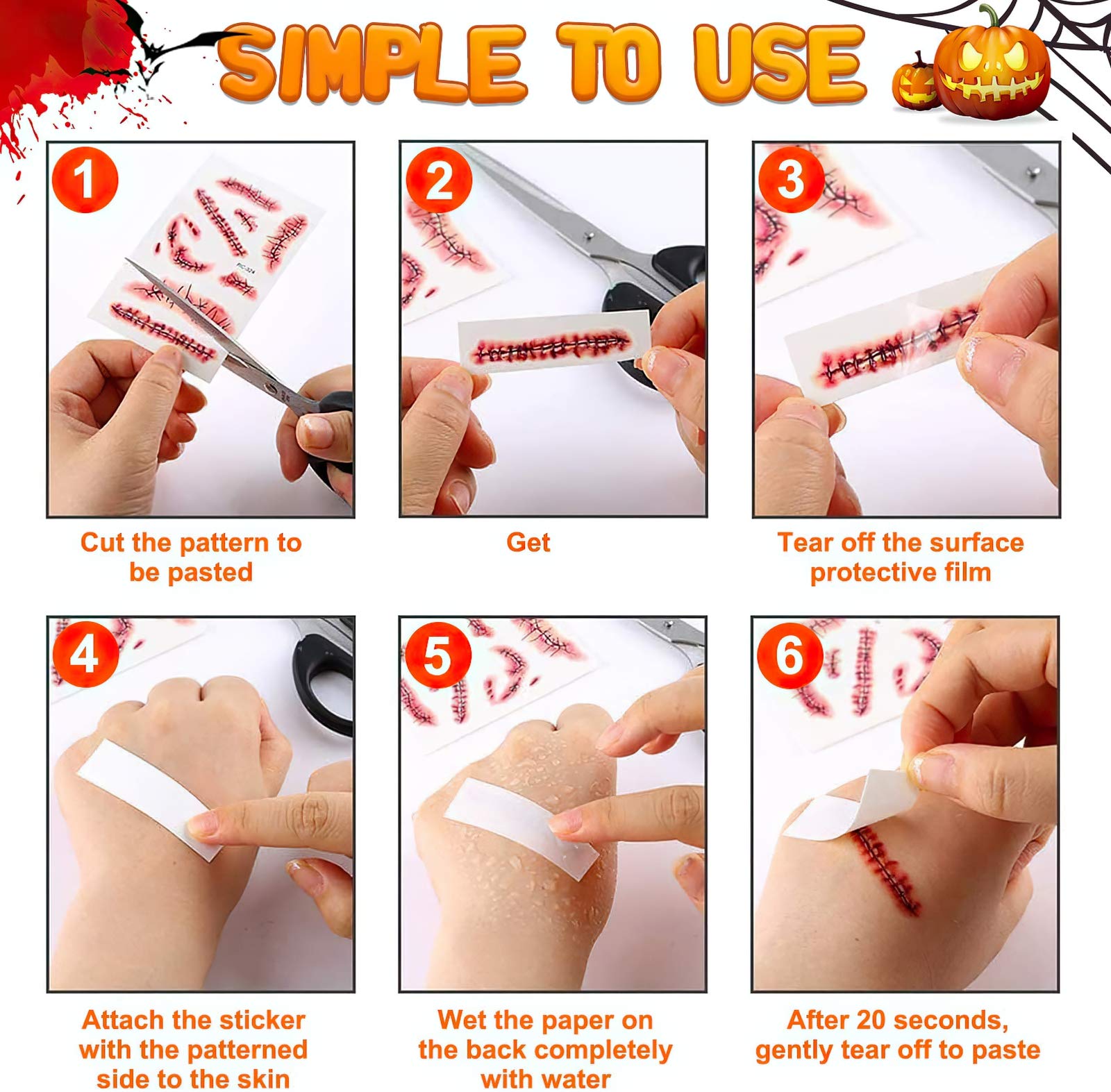 30 Sheets Halloween Scars Tattoos,Scar Wound Temporary Tattoos Stickers