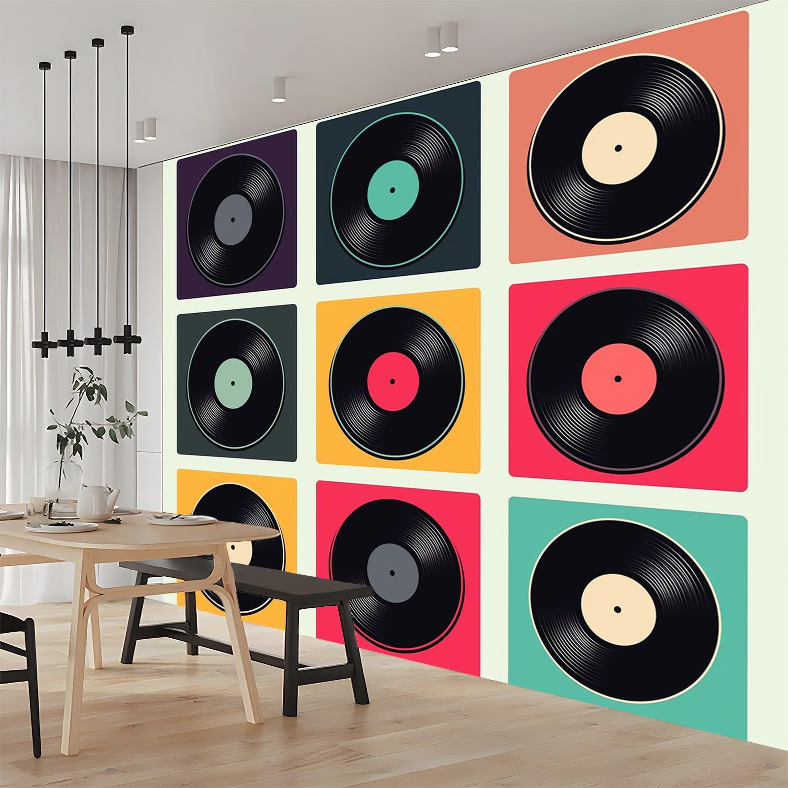 Fototapeta wzory płyt winylowych dekoracja ścienna 400 cm x 280 cm włóknina artystyczny druk mural dekoracja plakat salon kuchnia sypialnia czarny, czerwony