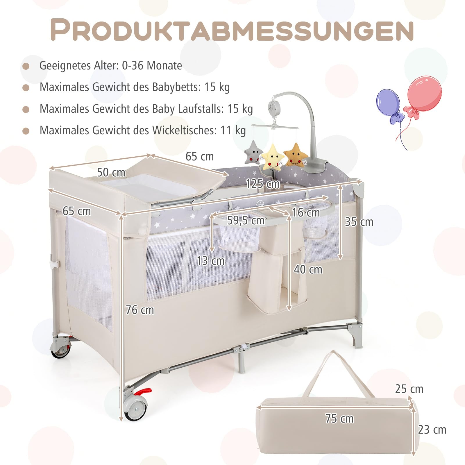 GOPLUS 5 in 1 Baby Beistellbett, Reisebett mit Wickelablage, Laufstall, Spieluhr, Spielzeug & Aufbewahrungskörben, Babybett klappbar mit Tragetasche für Baby bis 3 Jahren (Beige)