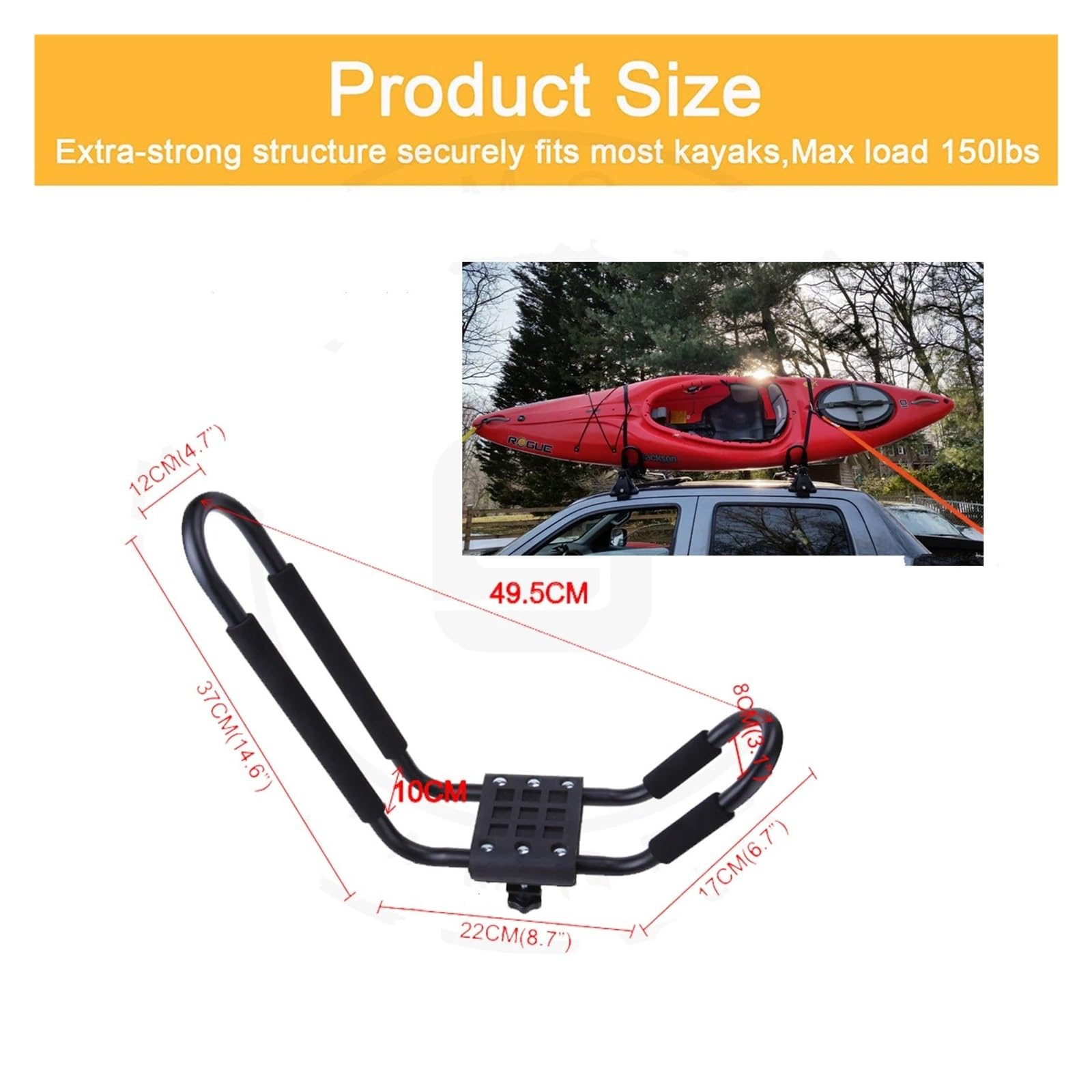 2 Barre Porta Kayak J Per Tetto Auto – Universali, Carico 75 Libbre, Antiruggine, Cinghie Rapide, Per SUV E Camion