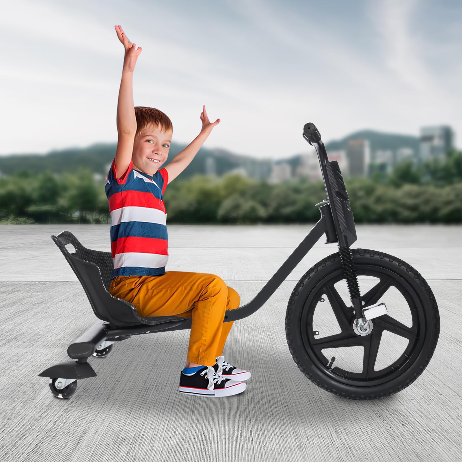 Drift Trike Kinder Driftscooter 90x68x60cm bis 80kg Hochwertiges Drifter Dreirad Rutscher mit Hinterrädern Geeignet für Kinder ab 6 Jahren (Schwarz)