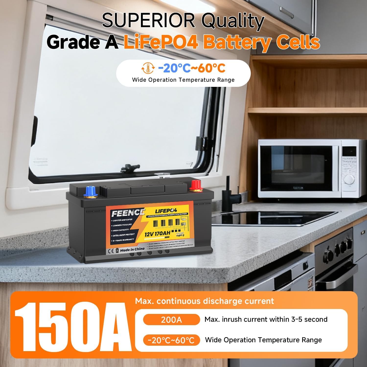 Selbsterwärmung 12V 170AH Lifepo4 Lithium Batterie mit 150A BMS, 2176Wh Capacity, -20℃ Ladung, 15000 Tiefzyklus Wiederaufladbare Lithium Akku für Wohnmobil, Notstromversorgung, Solar & Netzunab