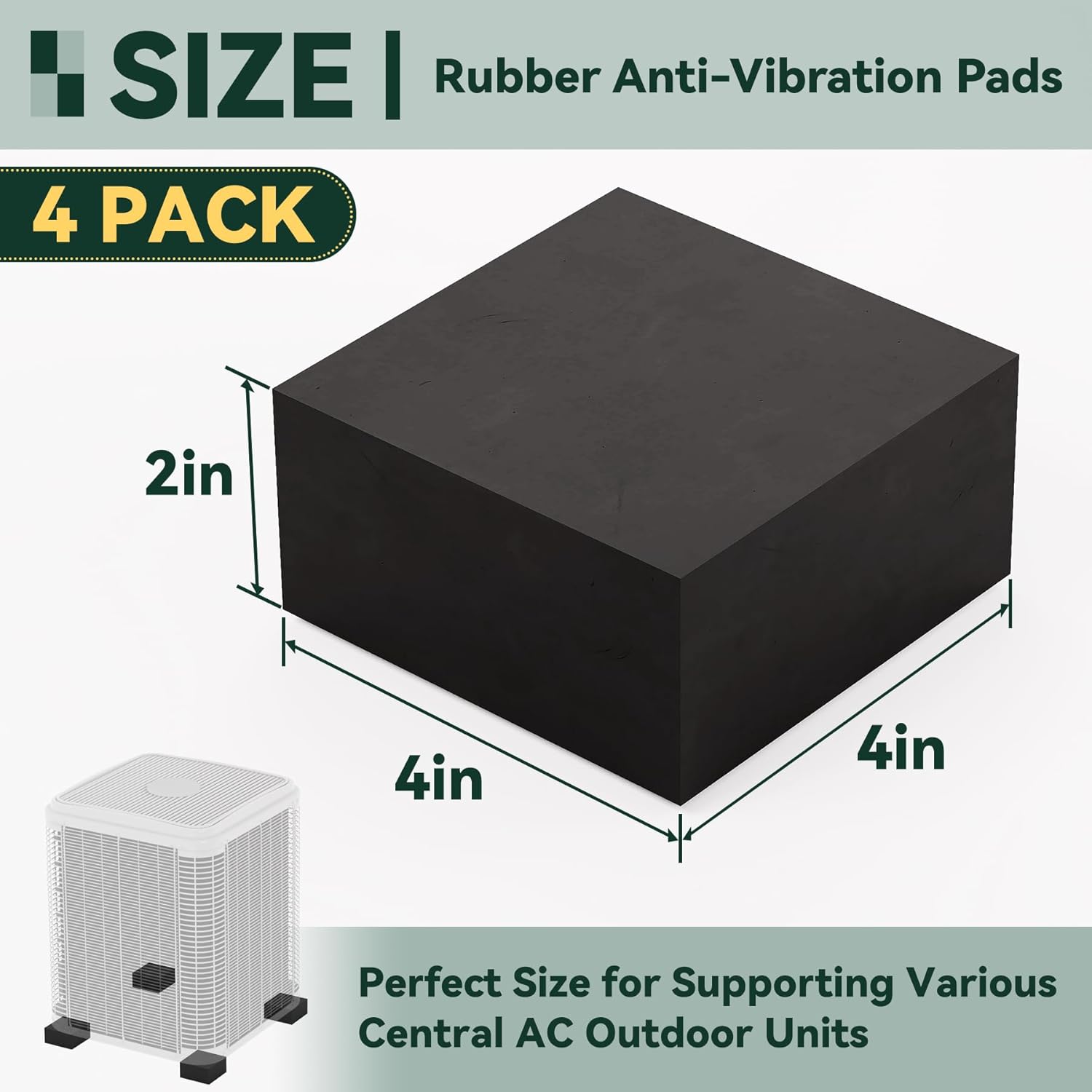 Flehomo Rubber Anti-Vibration Pads, 4" x 4" x 2" Square Vibration Isolation Mats, Heavy Duty Isolator Pads for Central Air Conditioner Outdoor Unit, HVAC, Air Compressor and Dryer, Pack of 4, Black
