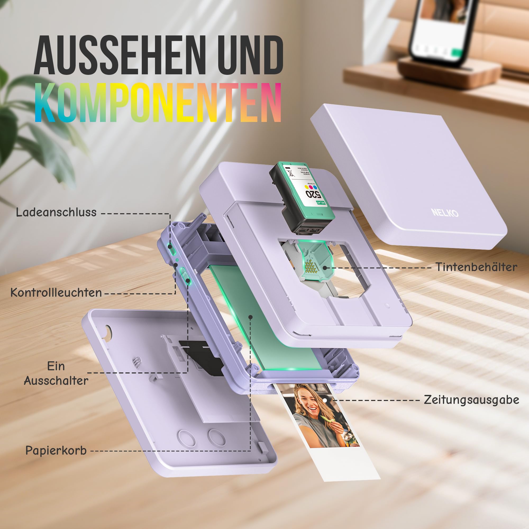 Nelko PP01 Mini Fotodrucker Tintenstrahl Aufkleber Drucker für Smartphone mit 20 Fotopapier, Lila