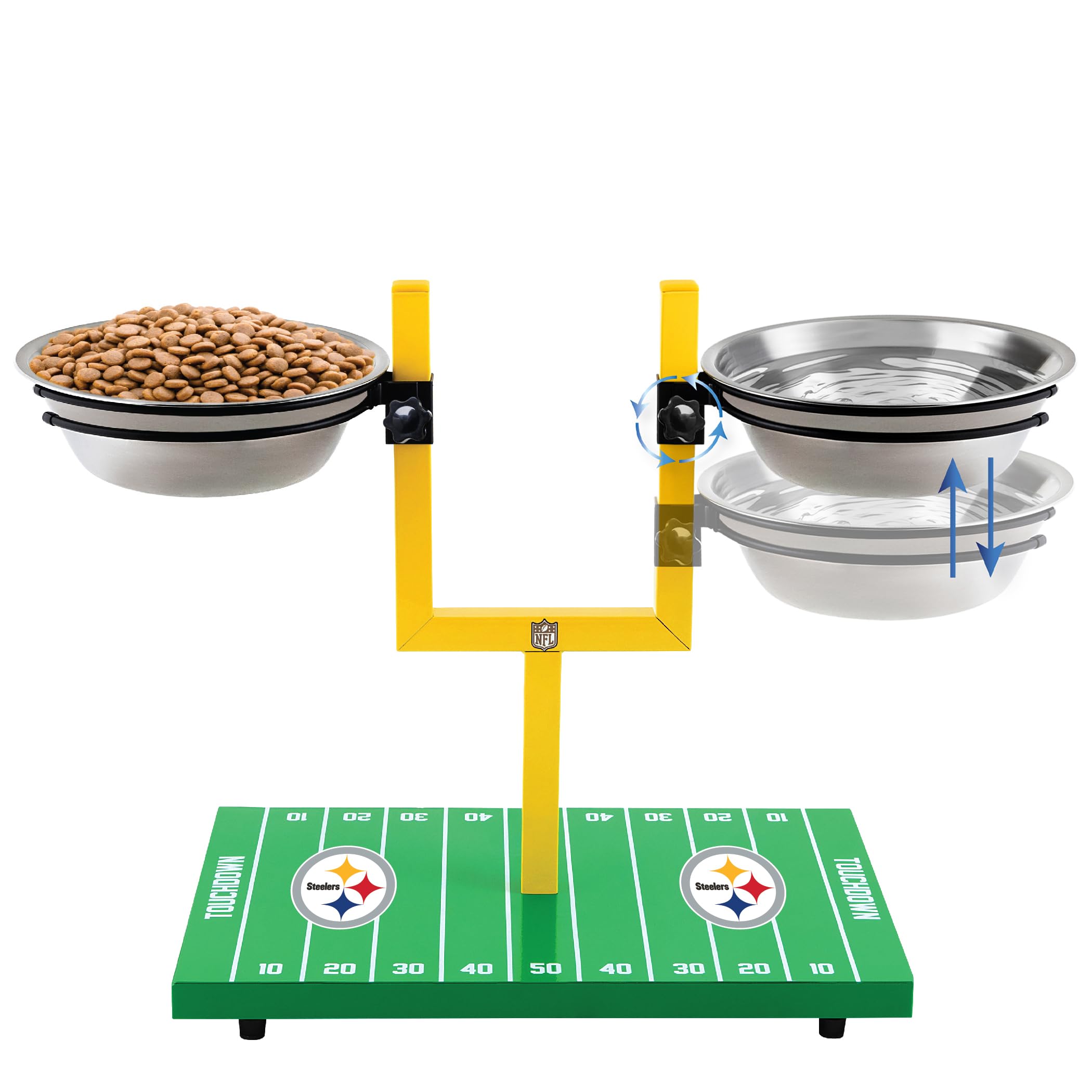NFL Pittsburgh Steelers Goalpost Football Field Dog Feeder – Adjustable Elevated Dog Bowls with Stand, 2 Stainless Steel Bowls, Non-Slip Rubber Feet, Raised Pet Feeder for Large & Small Dogs, Cats.