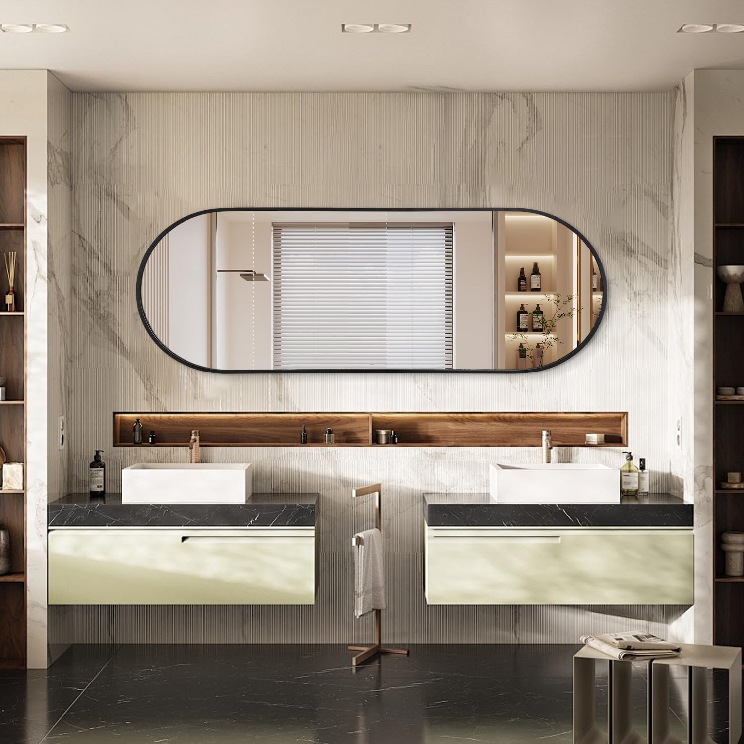 JJUUYOU Specchio da parete per bagno a figura intera, specchio ovale, cornice in metallo nero, specchio, 120 x 45 cm, opaco, camera da letto, toeletta, casa di campagna, vetro temperato inossidabile