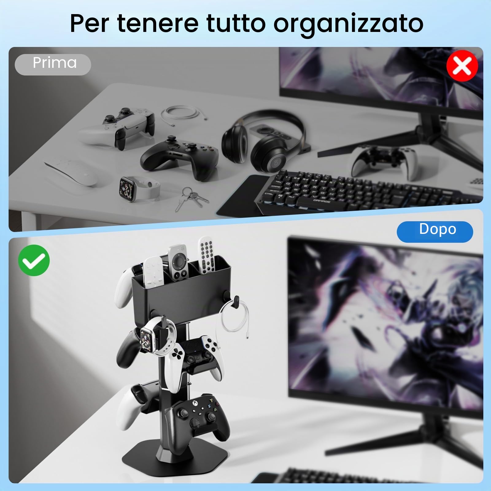 Supporto Controller e Cuffie con Porta Telecomando Condizionatore, Porta Joystick da Scrivania con 2 Ganci (per Orologi/Cavi) Accessori per PS5/PS4/Xbox/Switch, Organizer per Controller e Cuffi