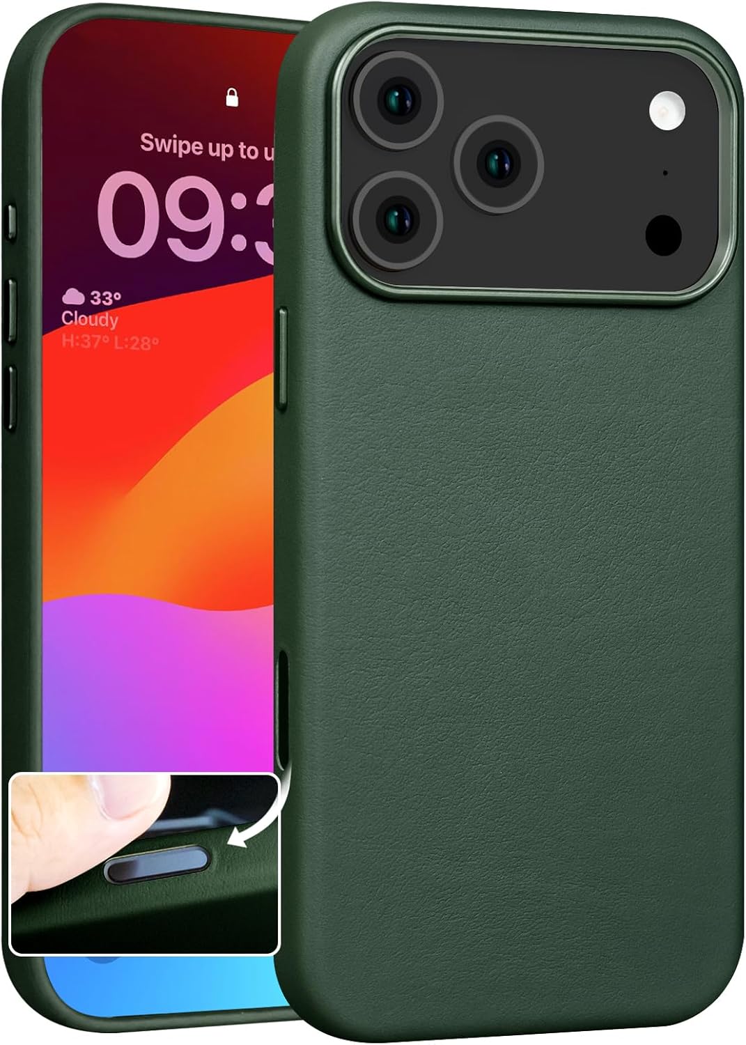for iPhone 17 Pro Max Leather Case with Ai Camera Control Button Compatible with Magsafe, Top Grain Leather, Slim Fit Shockproof, Metal Buttons & Camera Bump Frame Protective Cover Green