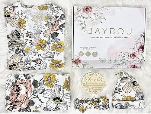 Baybou Conjunto de bata y envoltura a juego para mamá y yo, manta de envoltura para bebé, 5 piezas, bata de hospital (floral vintage, SM)