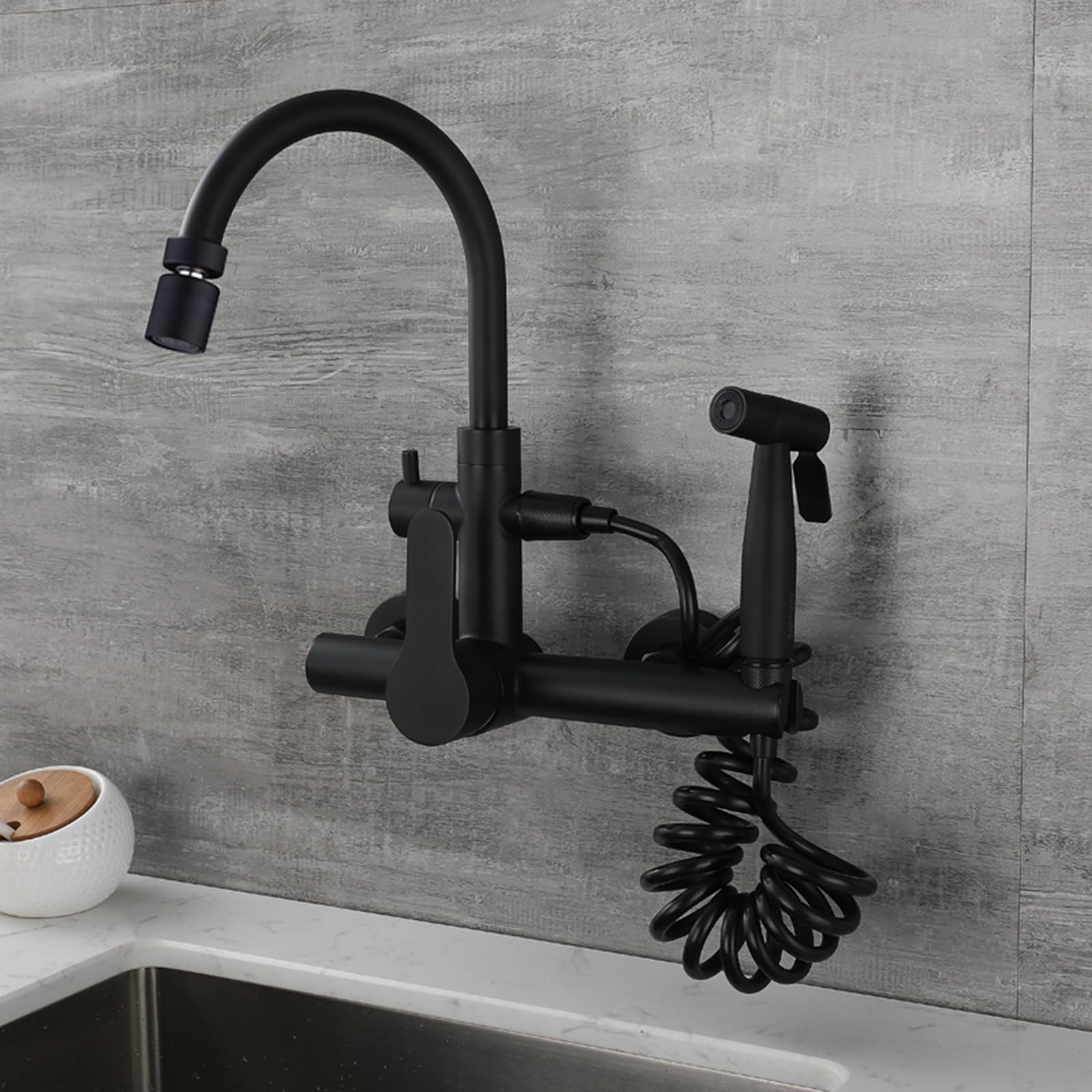 ZYCHSJXA Kitchen Tap Wall Mounted Taps with Spray Single Handle Faucet Sink for Kitchen, Black, Dual Mode