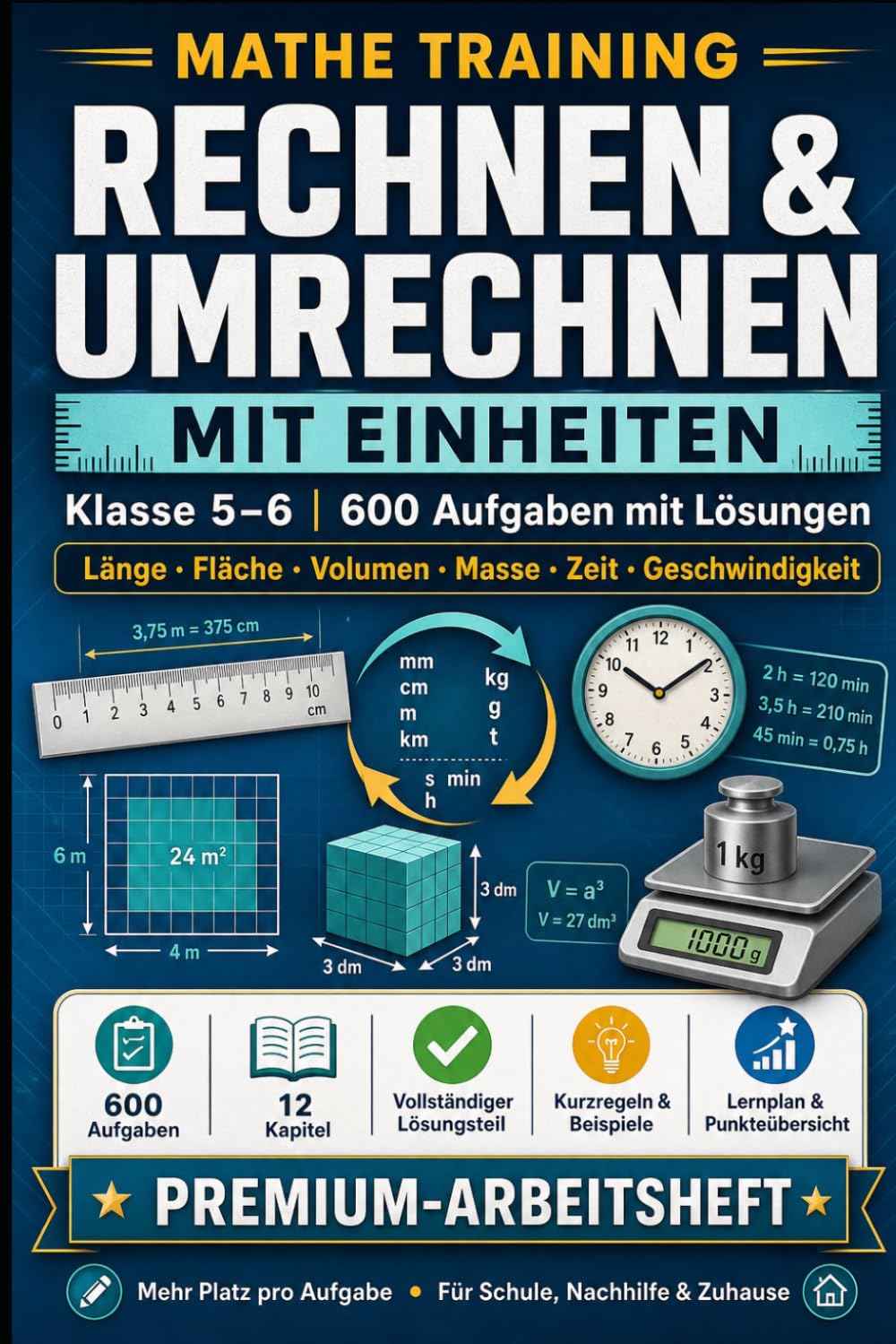 Rechnen & Umrechnen mit Einheiten – Klasse 5–6: 600 Aufgaben mit Lösungen: Länge · Fläche · Volumen · Masse · Zeit · Geschwindigkeit · Mit Kommazahlen ... schwer (600 Aufgaben Lernreihe – Mathematik)