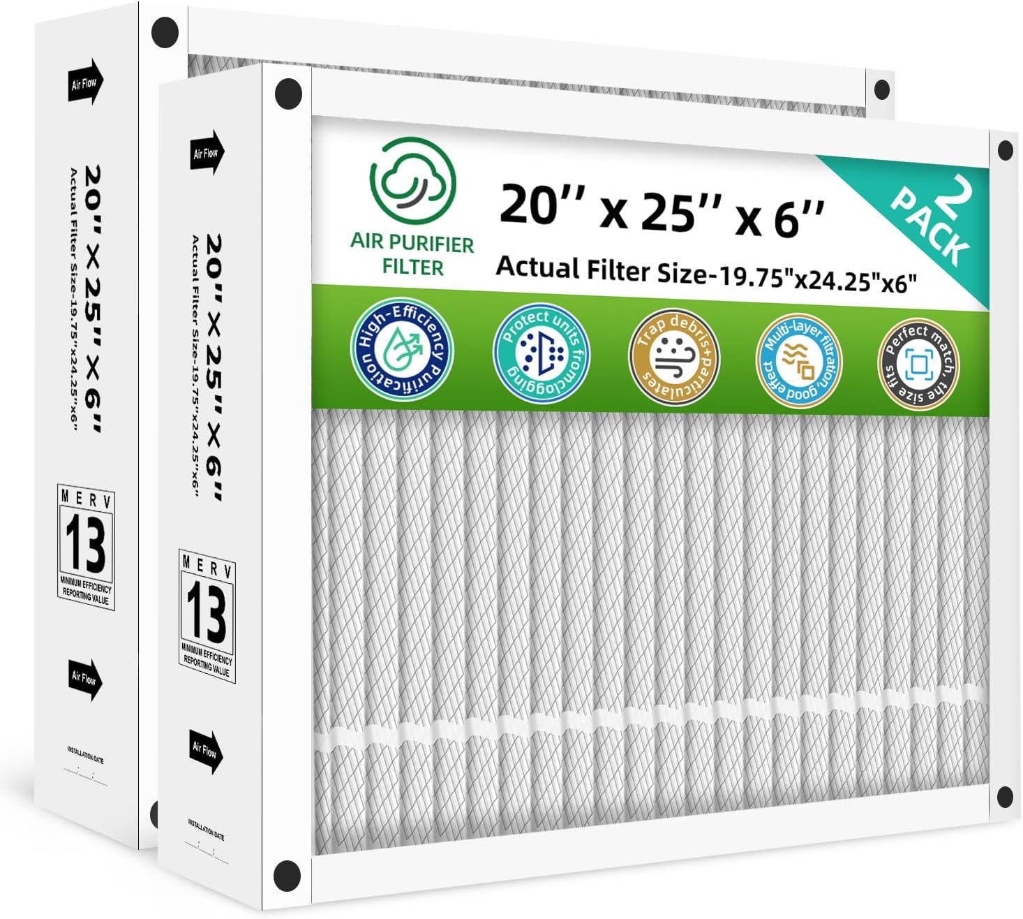 20x25x6 Furnace Filters MERV13 Compatible with AprilAire Space-Gard 201, 2200, 2250, Foldable (Actual Size: 19.75 x 24.25 x 6.00) 2-Pack