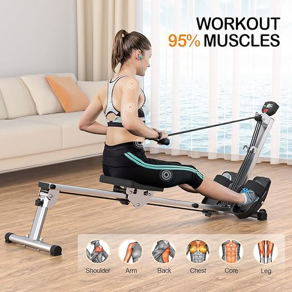 Rowing Machine for Home Use, LUBBYGIM Rowing Machine Foldable Rower with LCD Monitor & Comfortable Seat Cushion, Hyper-Quiet & Smooth - Upgraded Version with 300 LBS Weight Capacity