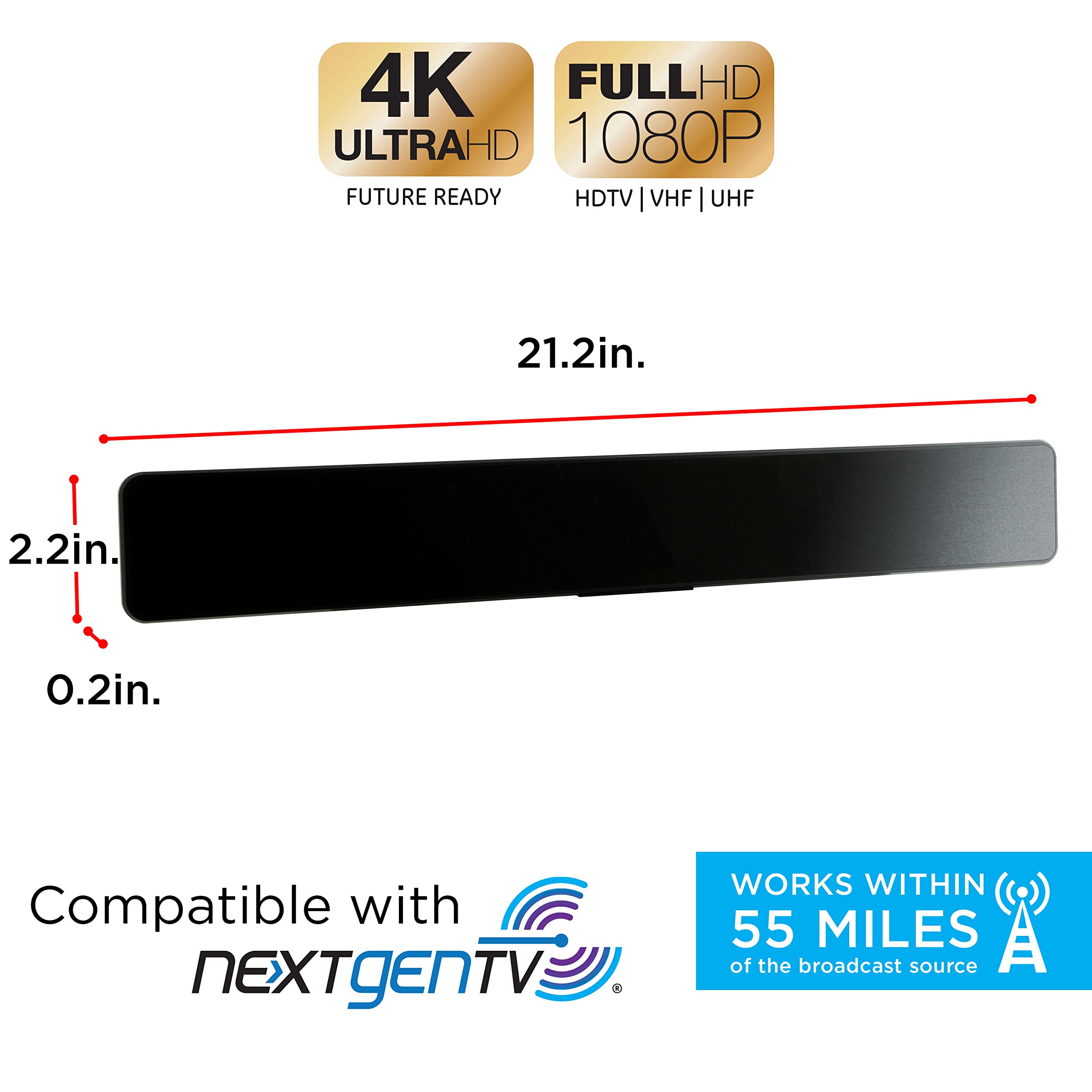 UltraPro Antenne TV numérique HD amplifiée d'intérieur à Profil Fin, Design Moderne de Bar, amplificateur de Signal Longue portée, Prend en Charge 4K 1080p VHF UHF HDTV, Compatible Smart TV, Noir
