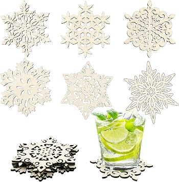 Mziart Set of 6 Snowflake Wood Coasters for Drinks and Coffee, Christmas Cup Mat, Gift Worthy