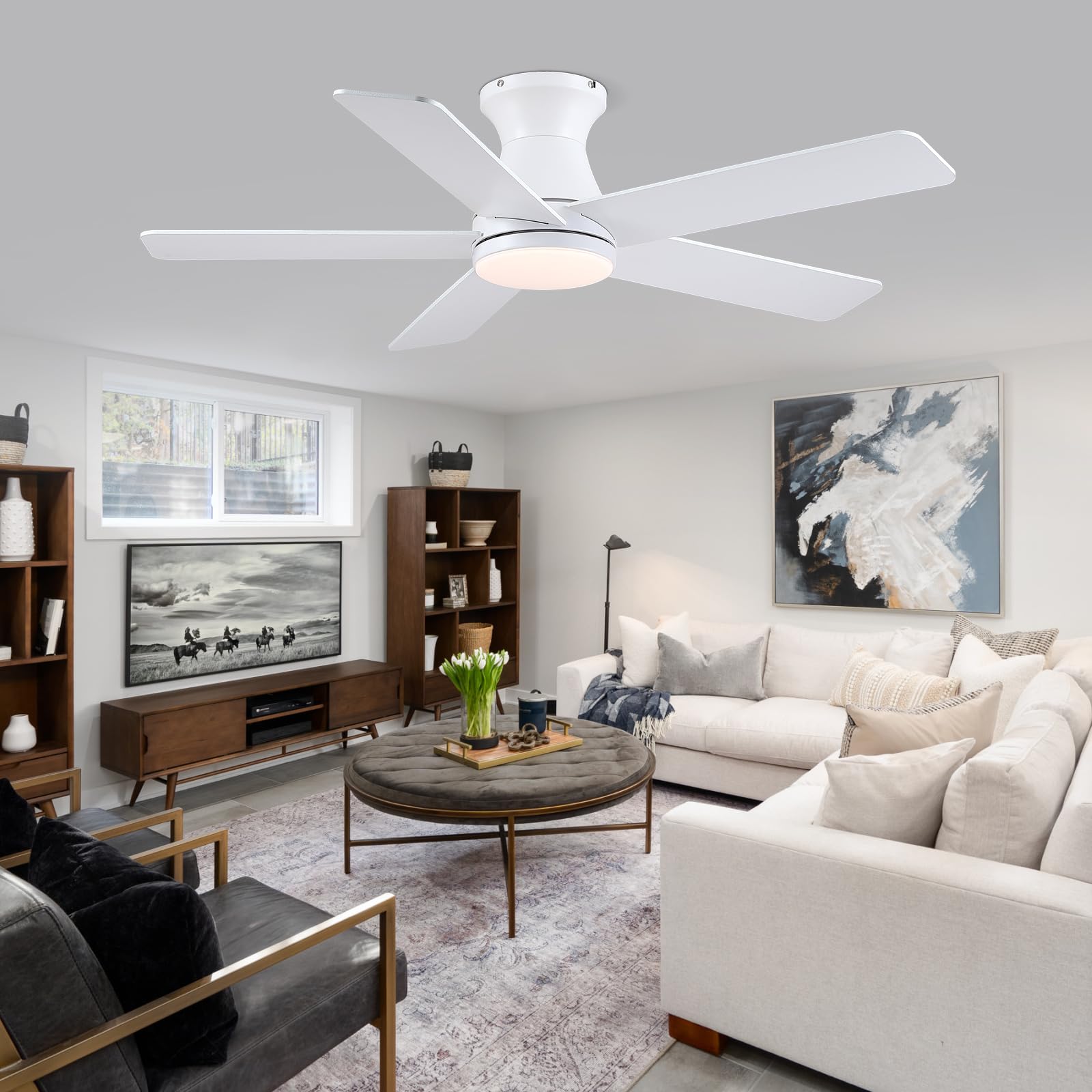 Kviflon Ventilador de techo plano de 117 cm con iluminación LED y mando a distancia, LED con intensidad regulable, 6 velocidades, ventilador de techo moderno empotrable para dormitorio y cocina.