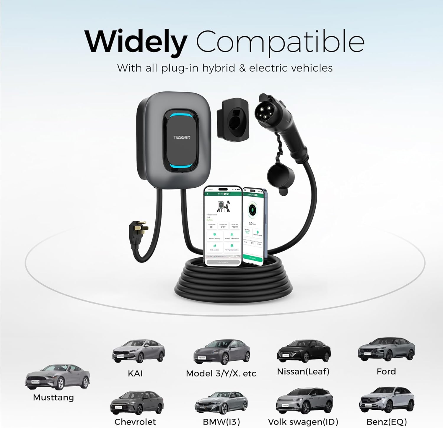 Image showing the TESSAN EV Charger alongside various compatible electric vehicle models including Mustang, KAI, Model 3/Y/X, Nissan (Leaf), Ford, Chevrolet, BMW (i3), Volkswagen (ID), and Benz (EQ).