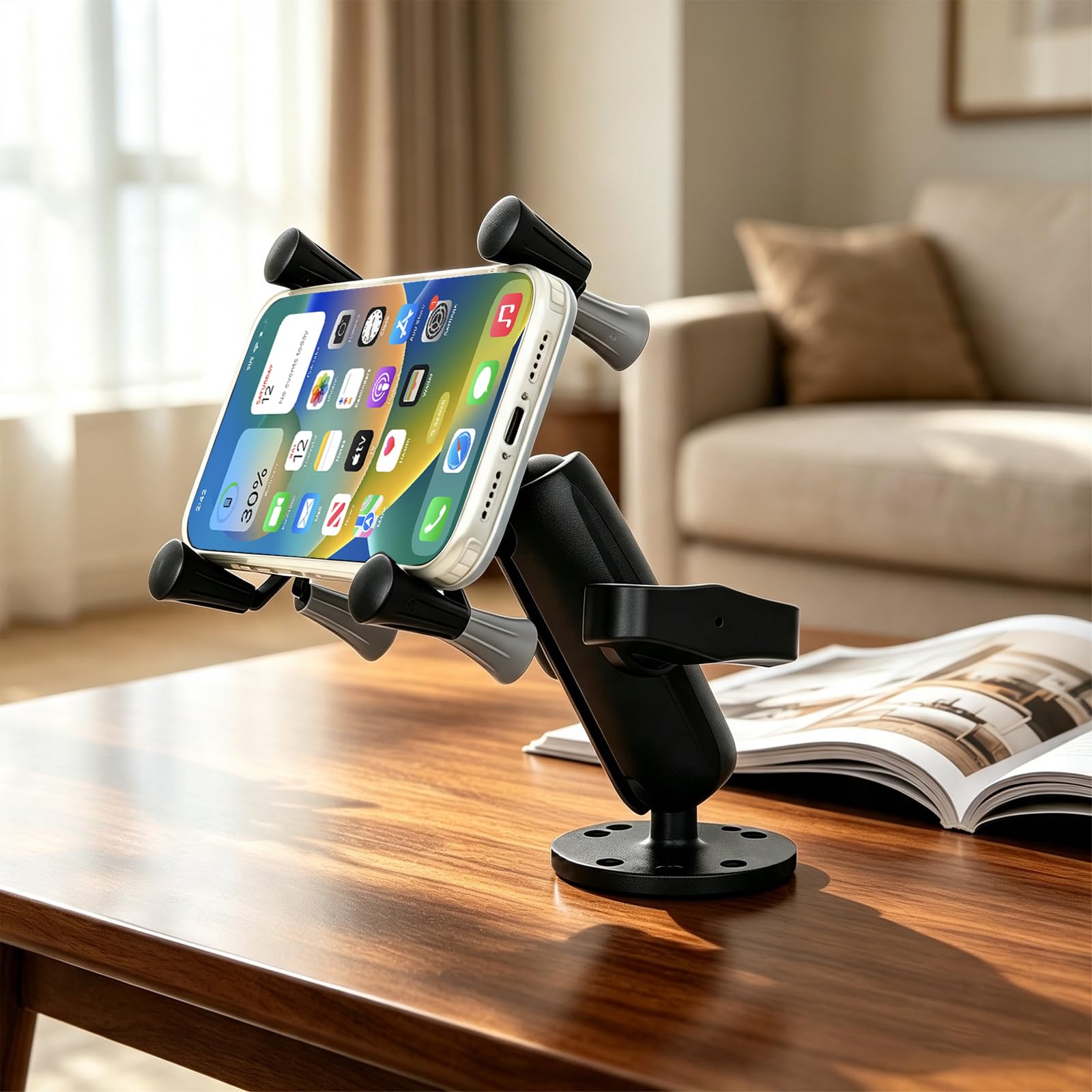 Strg Support de téléphone avec base ronde percée avec bras double douille à boule de 2,5 cm, compatible avec tous les téléphones de moto, vélo, guidon, support de téléphone