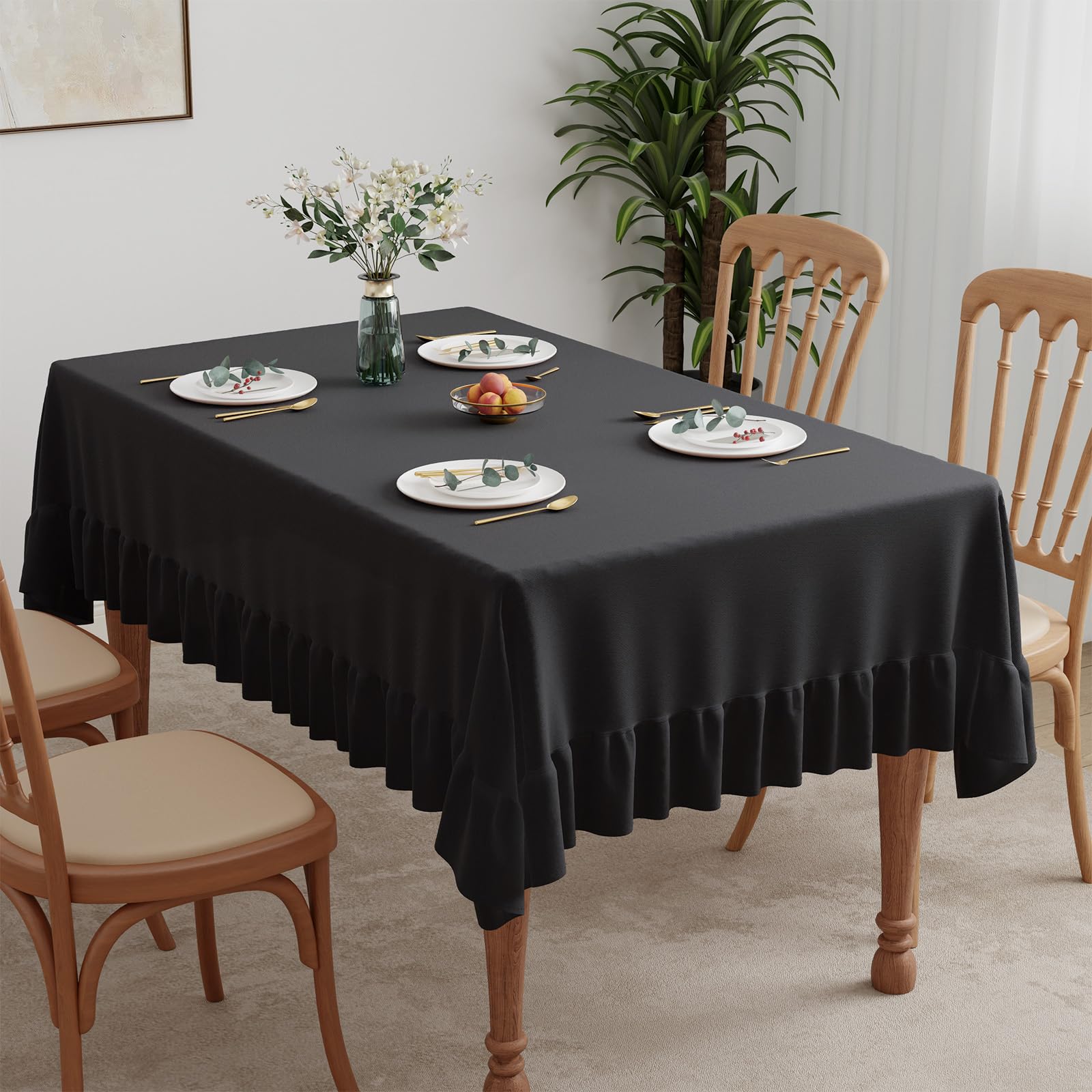 Roerf Ruffle Tablecloth 140x200cm, Rectangle Table cloth Polyester Tablecloths Washable Table Cover with Flounces Trim for Wedding Banguet Party Home Dining Table Decorations,Black 55x79inch
