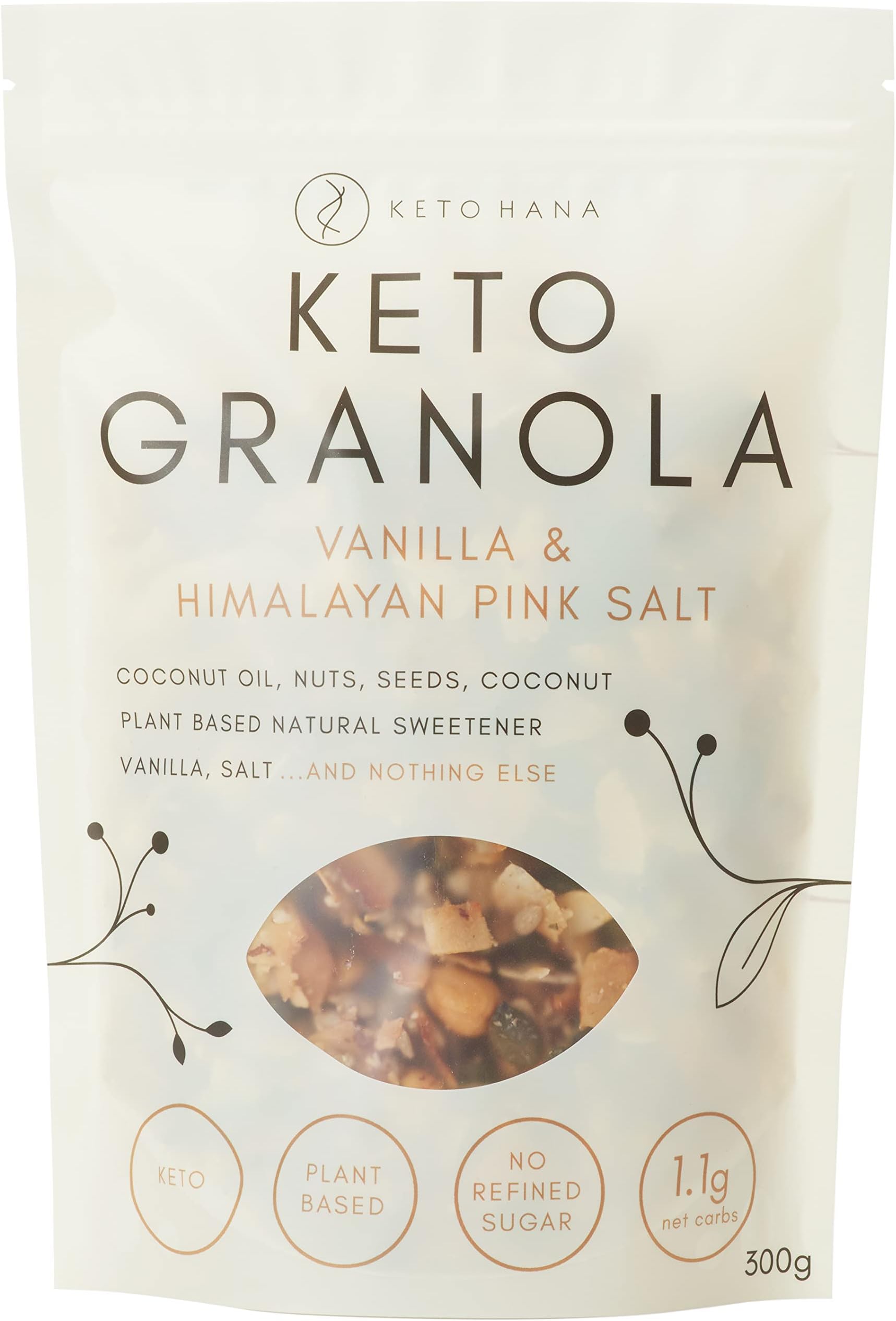Vanilla & Pink Himalyan Salt Keto Granola Keto Diet Vegan Grain Free Dairy Free Plant Based No Refined Sugars Gluten Free 1.1g Net Carbs Breakfast Cereal - 300gr/0.6lbs