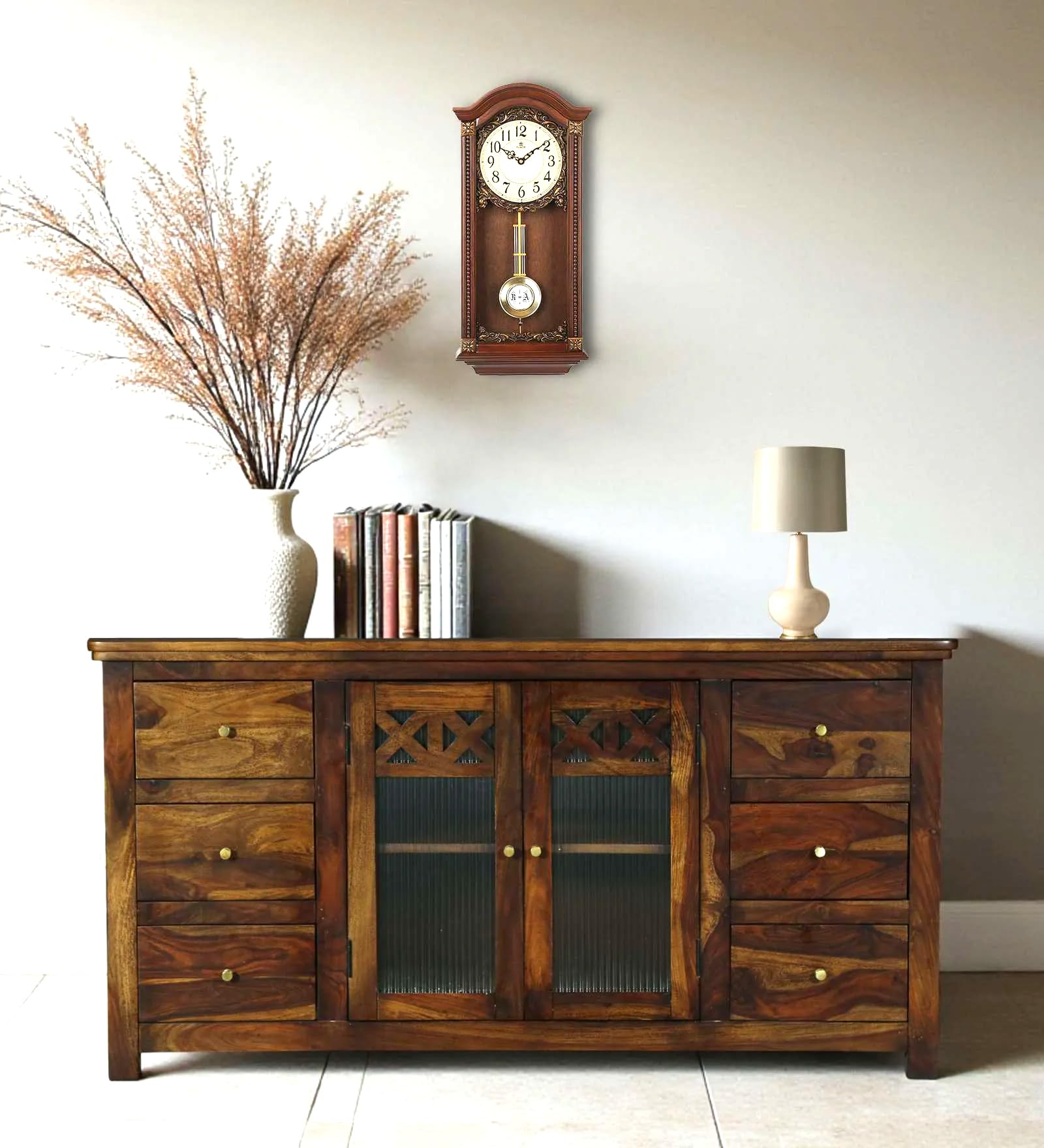 Flywood Sheesham Wood Sideboard in Provincial Teak Finish, Glass Door Cabinet with 6 Drawers, 58 x 30 x 18 Inches, Rustic Storage Buffet-image-13