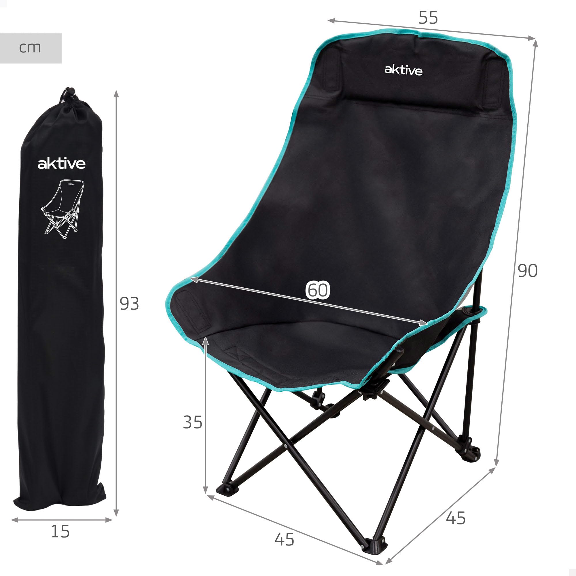 AKTIVE Pack 2 sillas Camping, 55x45x90 cm, Asiento Alto 35 cm, Negro Detalles Turquesa, Respaldo Alto, Antivuelco, Bolsas de Transporte con asa, Bolsillos Laterales (85562)