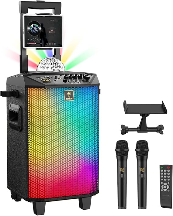 Wireless Karaoke Machine for Adults, TONOR PA System Portable Bluetooth Singing Speaker with Dual Wireless Microphones Microfono, Disco Ball for Home Karaoke, Party, Class and Church K20