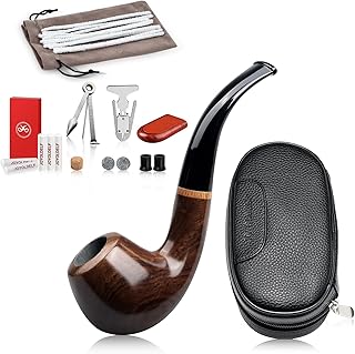 Joyoldelf Smoking Pipes, Luxury Ebony Tobacco Smoking Pipe Set, Deepened & Windproof Wooden Pipe with Leather Tobacco Pouches, Pipe Stand and Smoking Accessories