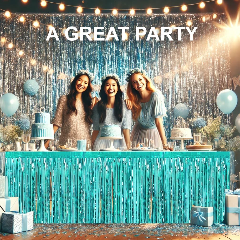 Allgala Turquoise Tinsel Table Skirt 2-Pack 29x108 Inch Metallic Foil Fringe Table Skirts for Party Event, Parade Float, Party Decoraton