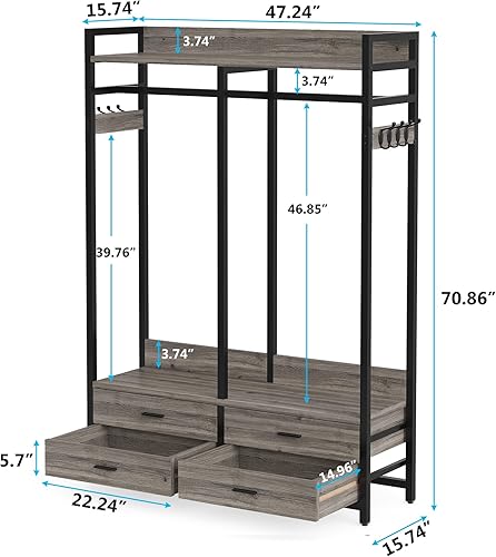 Miniatura 7 de LITTLE TREE Perchero de ropa resistente con 4 cajones, 8 ganchos y estantes de almacenamiento, estante de almacenamiento para armario para