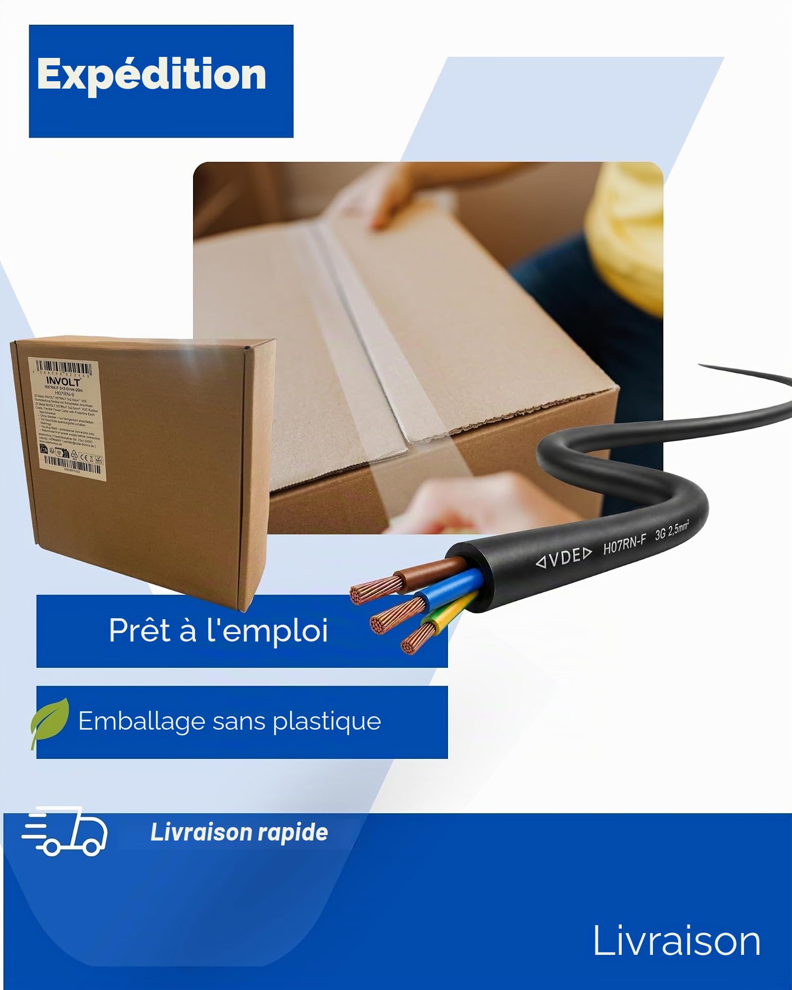 INVOLT H07RN-F 3 x 2,5 mm² Câble en caoutchouc VDE flexible avec conducteur de protection 10 m